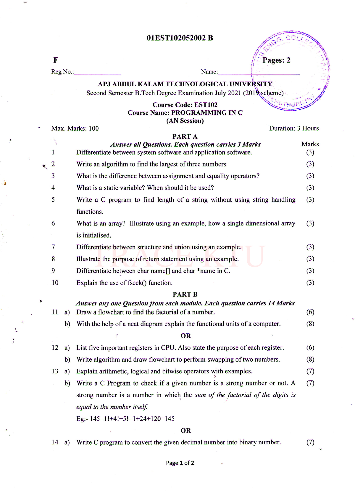 EST102 Progrm. IN C (B), JULY 2021 - F RegNo.: Max. Marks: 100 I 2 aJ 4 ...