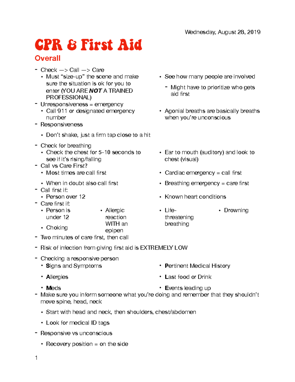 CPR & First Aid 8 Mr. Thomas Wednesday, August 28, 2019 CPR & First