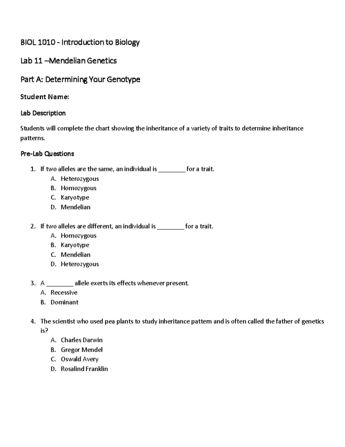 11 BIOL 1010 Lab Mendelian for Students to Print BIOL 1010