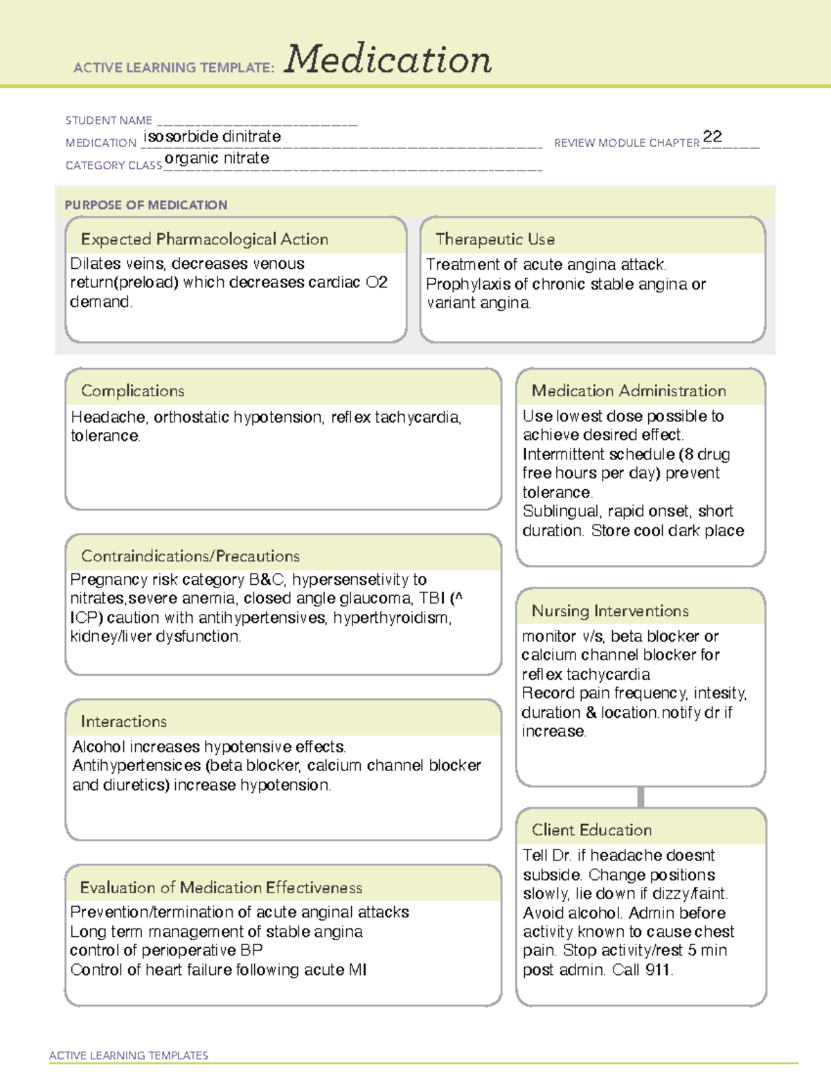 Isosorbide - ACTIVE LEARNING TEMPLATES Medication STUDENT NAME