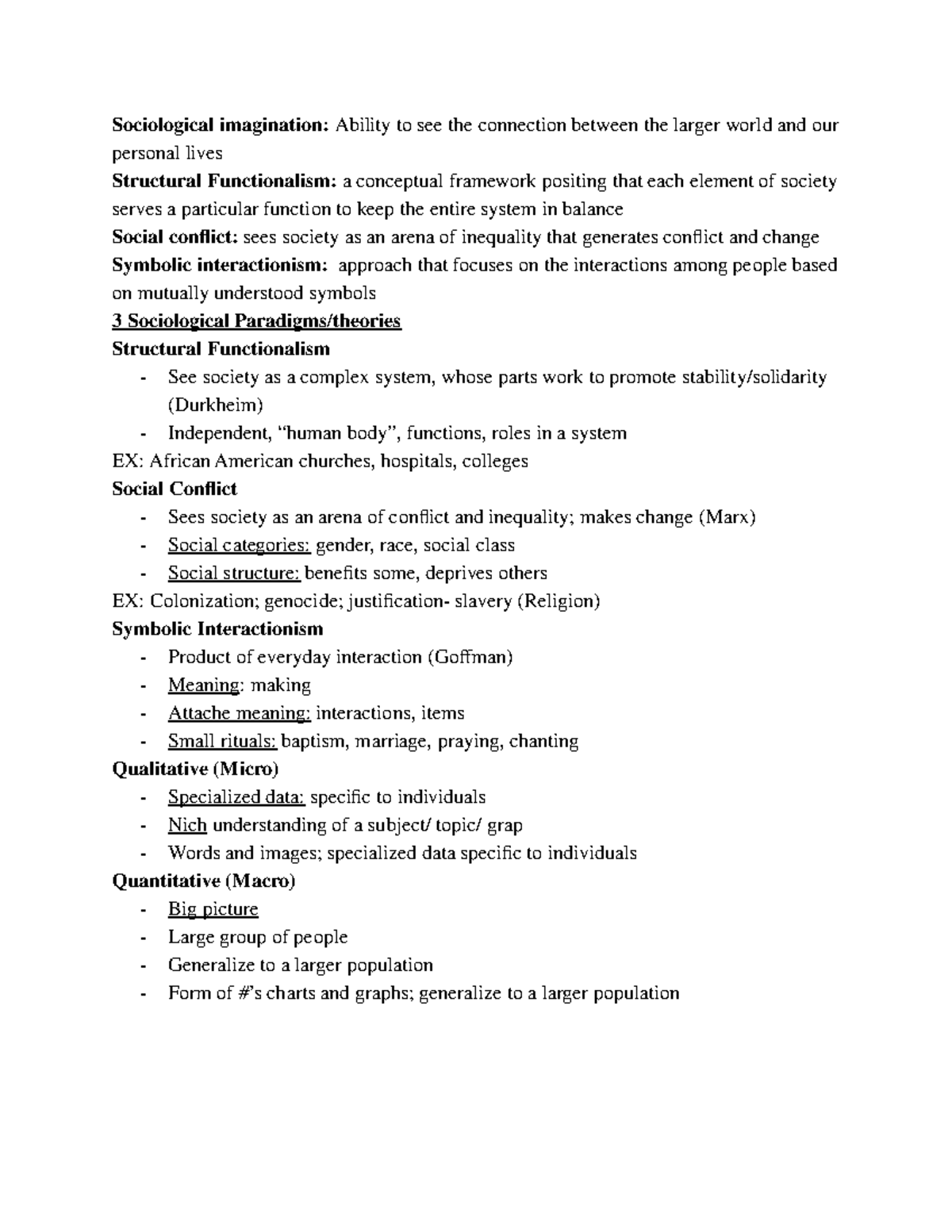 Sociology exam - Notes - Sociological imagination: Ability to see the ...