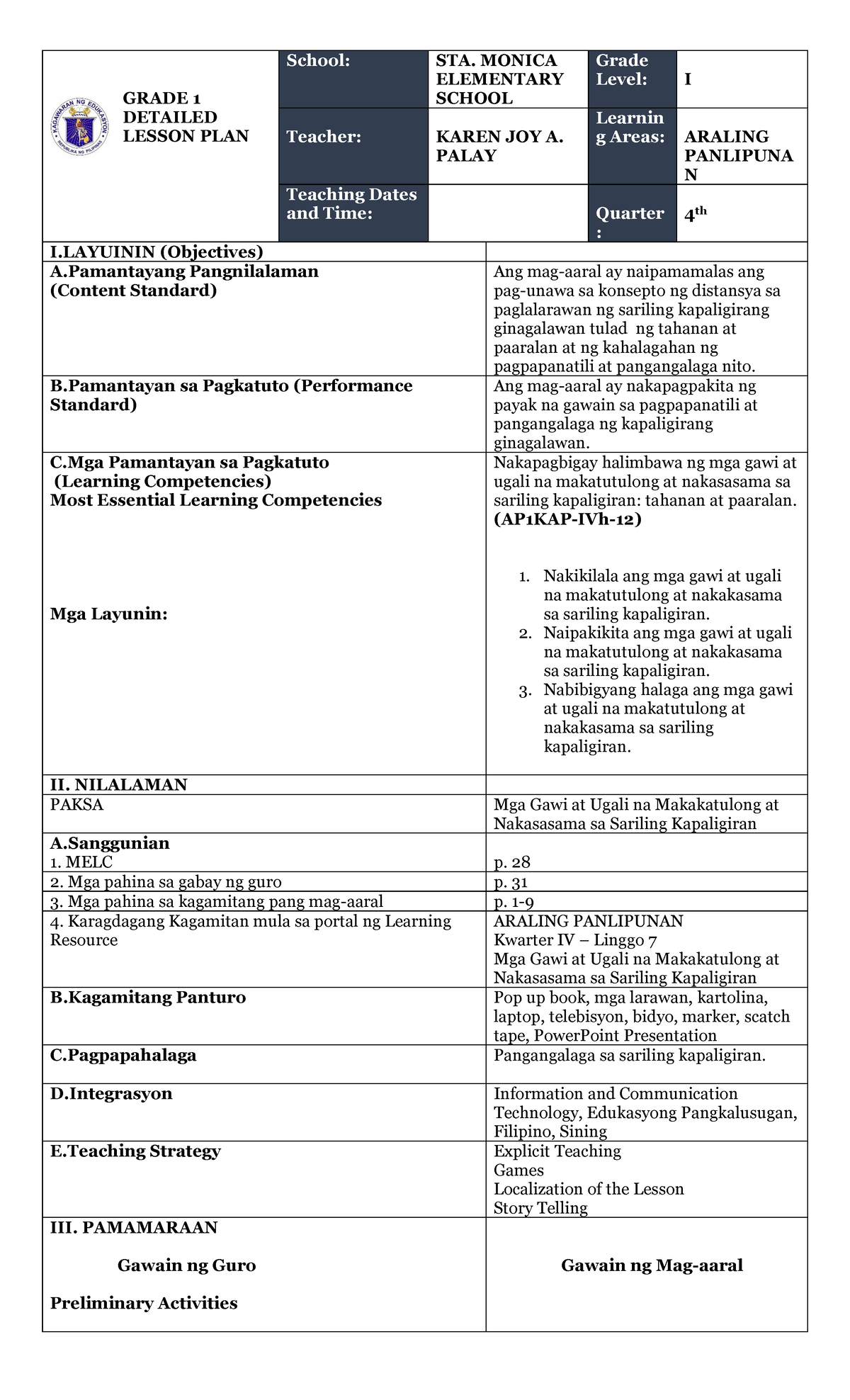 DLPAP GRADE 1 DETAILED LESSON PLAN School STA. MONICA ELEMENTARY
