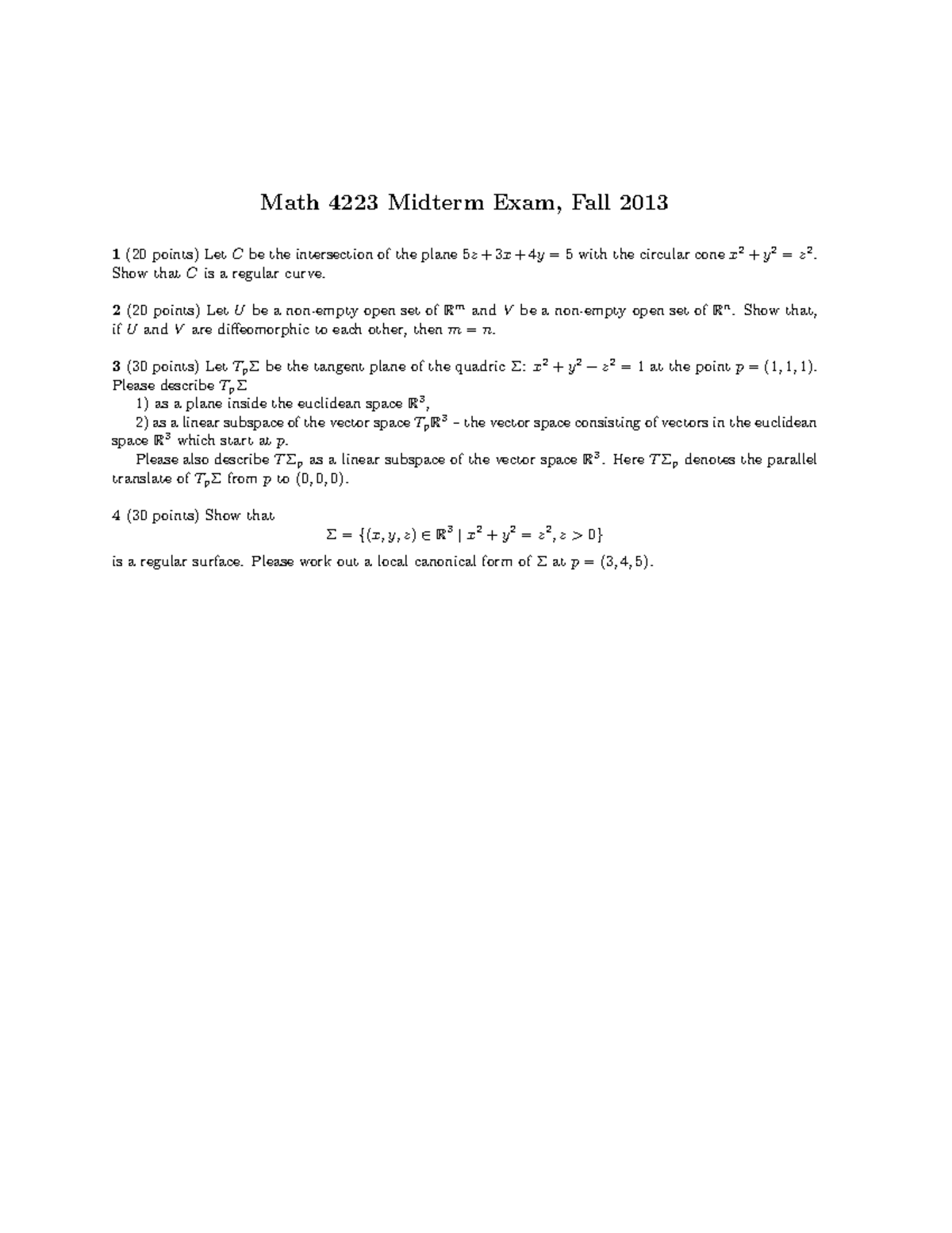 Midterm exam Fall 2013, questions and answers - Math 4223 Midterm Exam ...