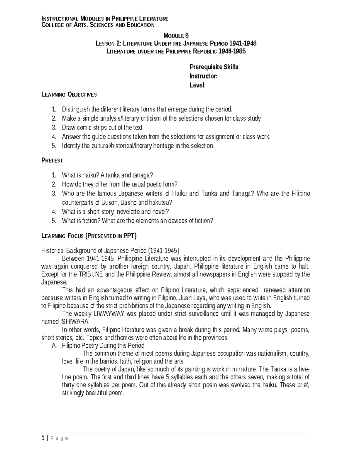 Module 5-Lesson 2-philippine lit - COLLEGE OF ARTS, SCIENCES AND ...