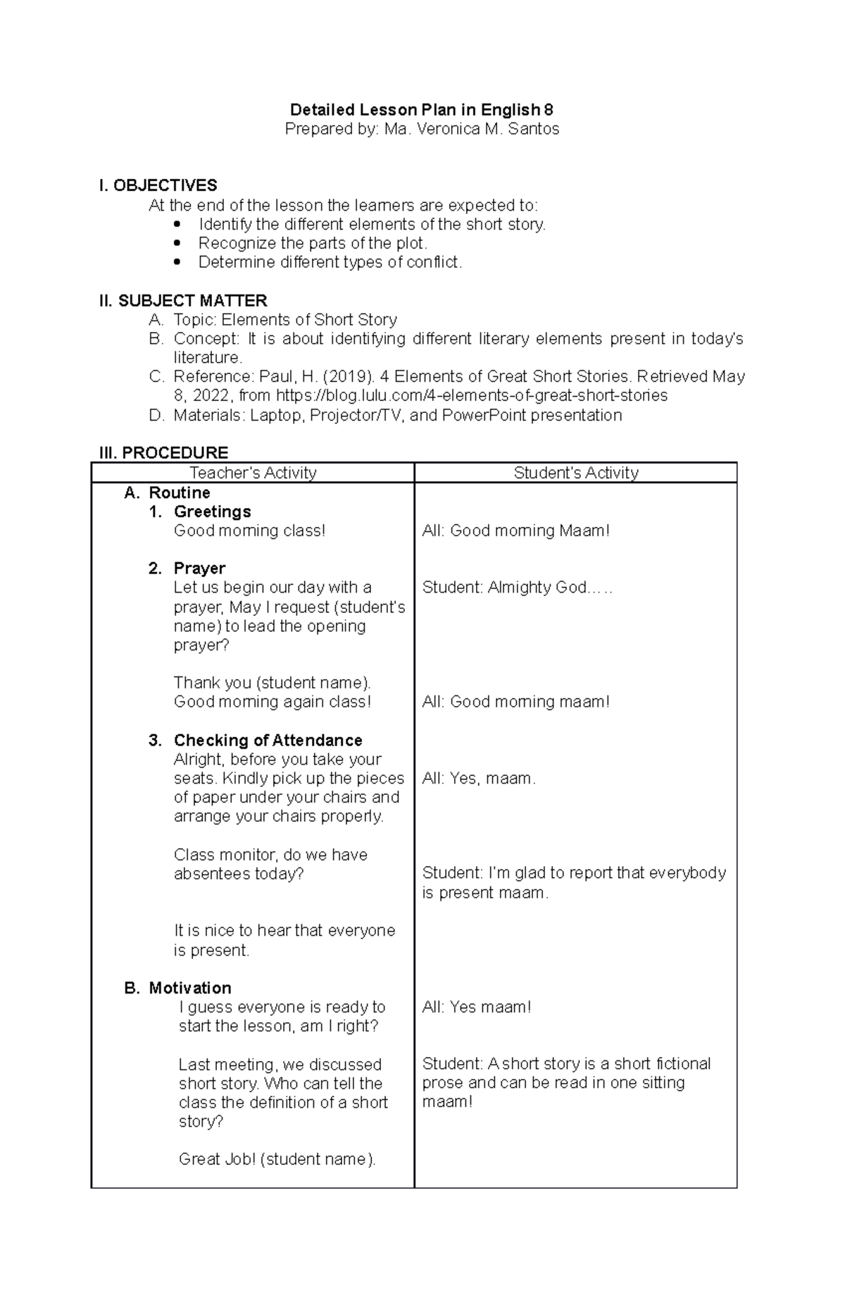 Detailed LP Demo - Lesson plan - Detailed Lesson Plan in English 8 ...