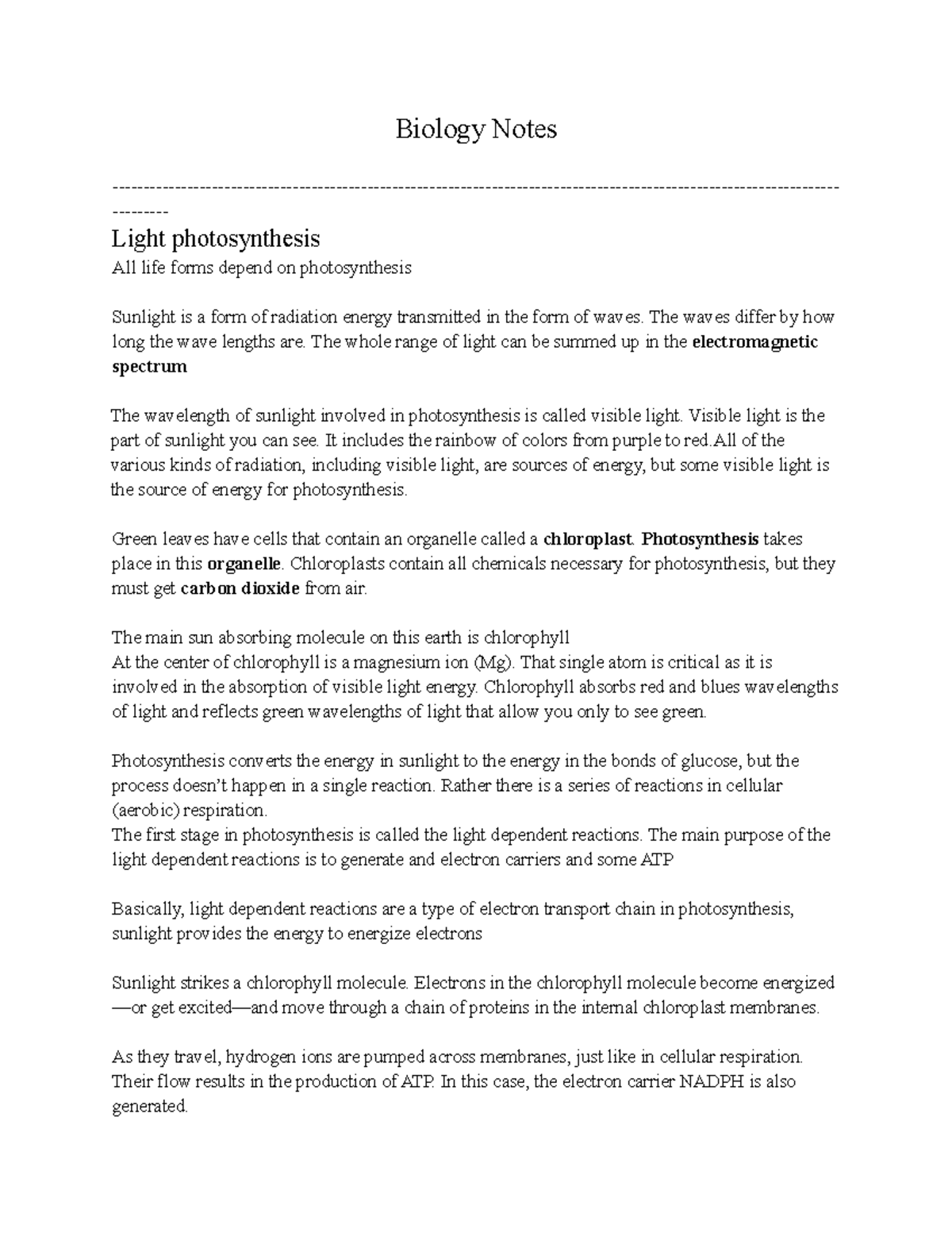 Biology Notes - Biology Notes - Light photosynthesis All life forms ...