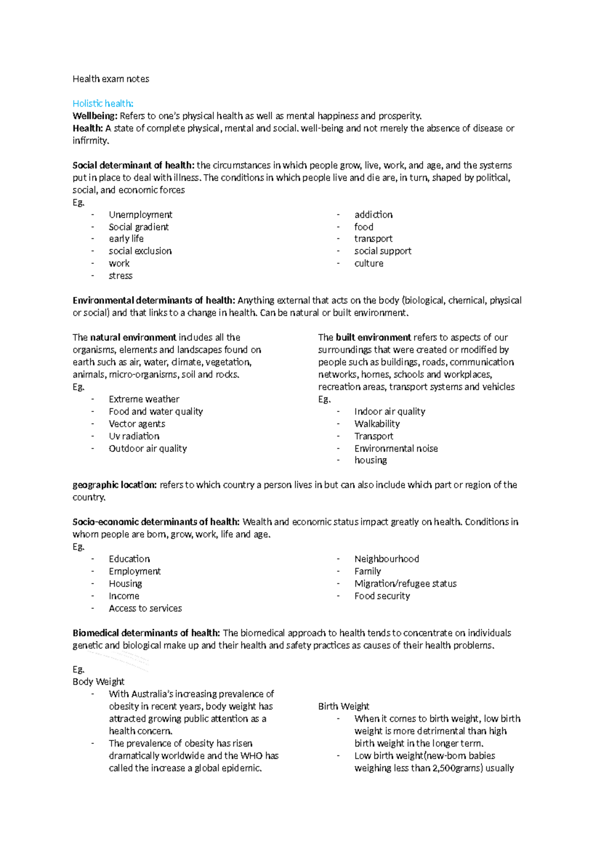 Health exam notes - Health exam notes Holistic health: Wellbeing ...