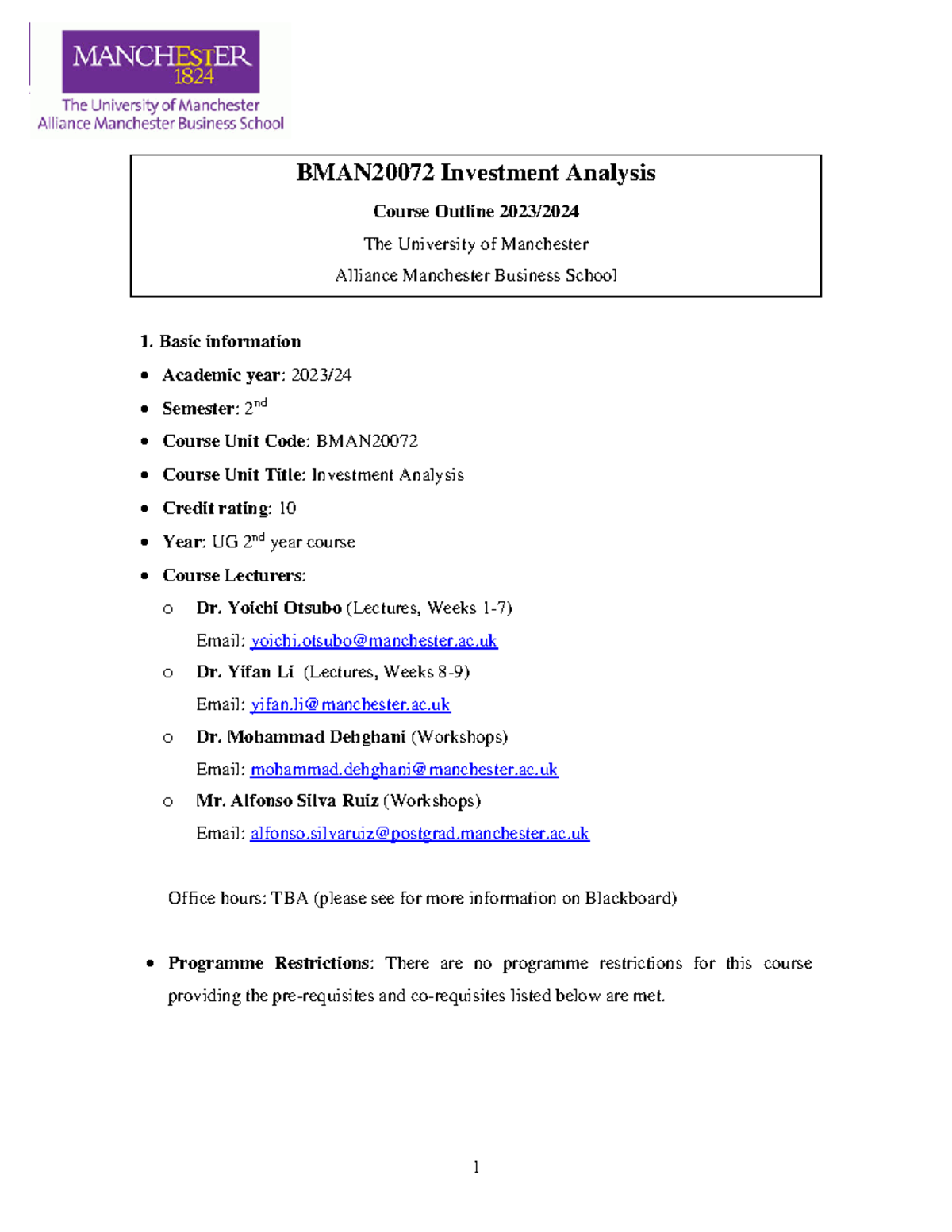 BMAN2007 2 Investment Analysis outline 2024 - BMAN 20072 Investment ...