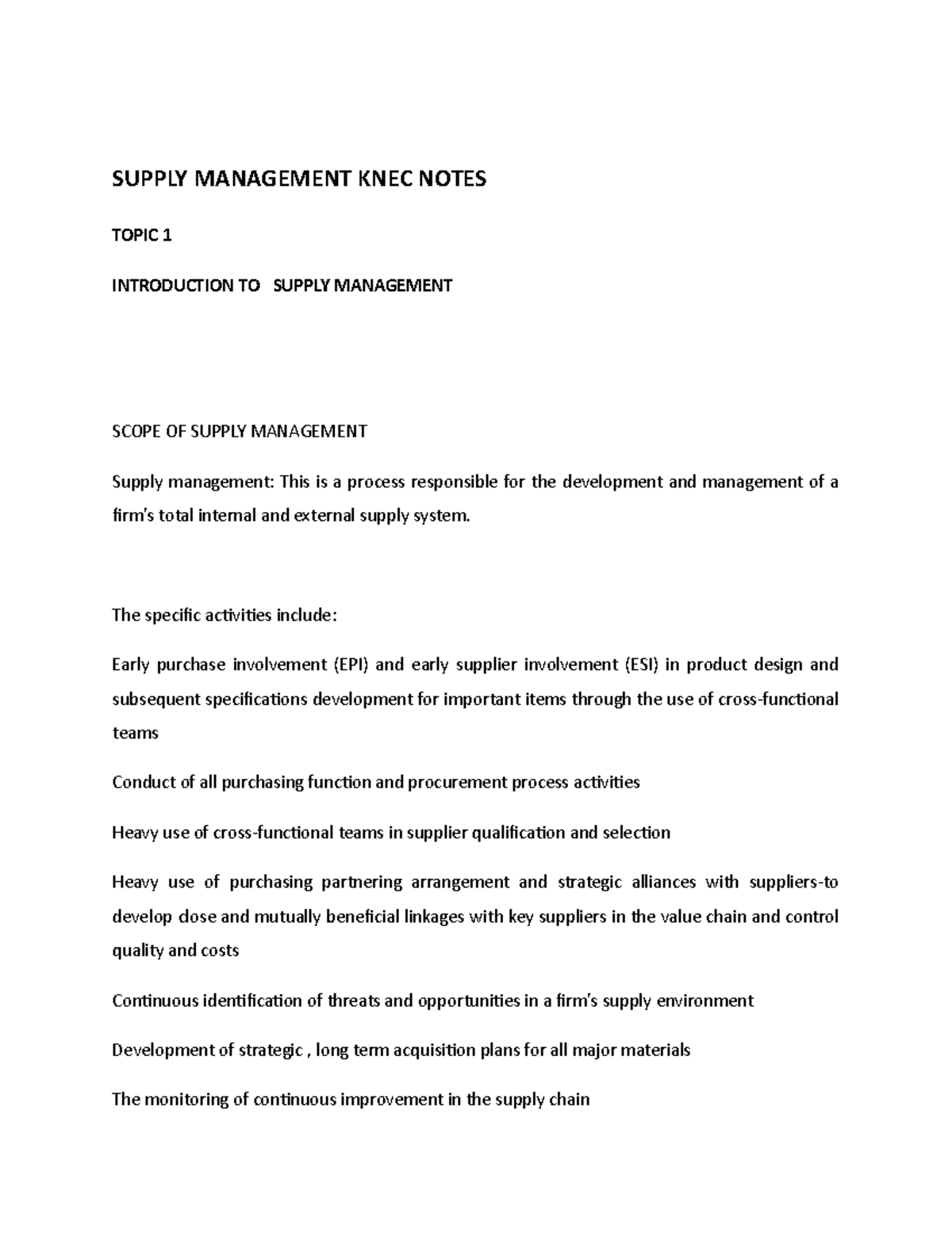 Supplies management notes SUPPLY MANAGEMENT KNEC NOTES TOPIC 1