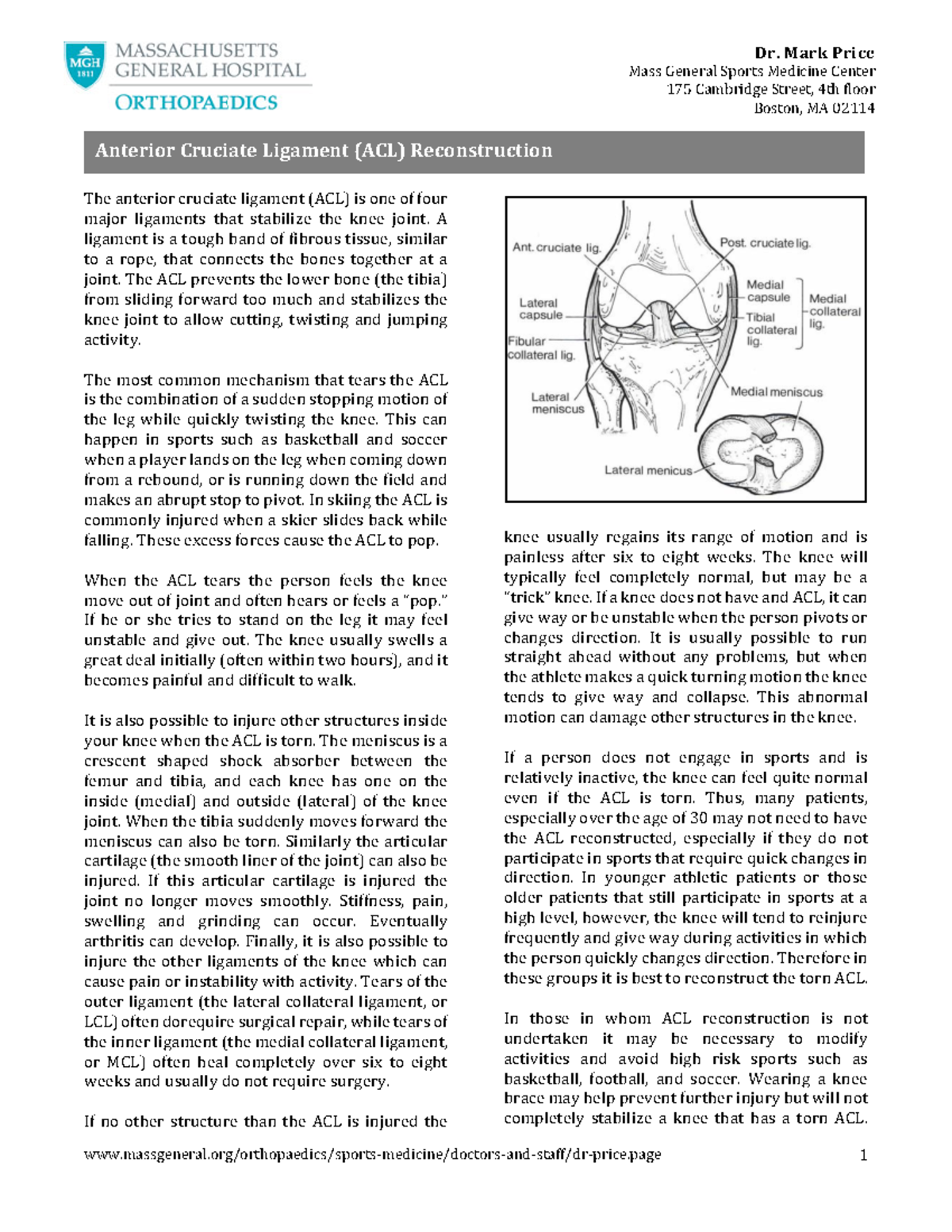 ACL - Ligament surgery - **Dr. Mark Price ** Mass General Sports ...