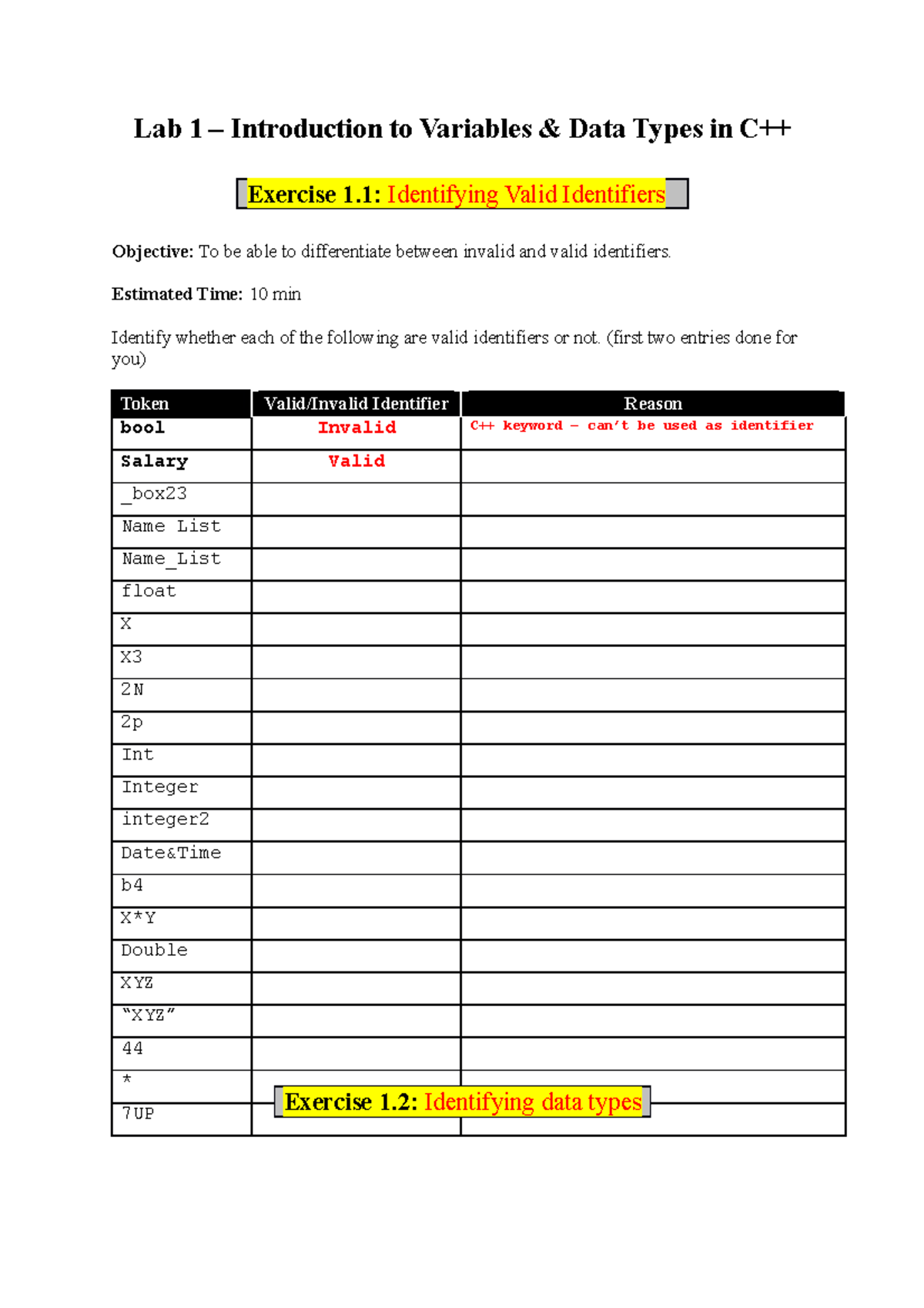 Lab Manual 1 - Lab 1 – Introduction to Variables & Data Types in C++ ...