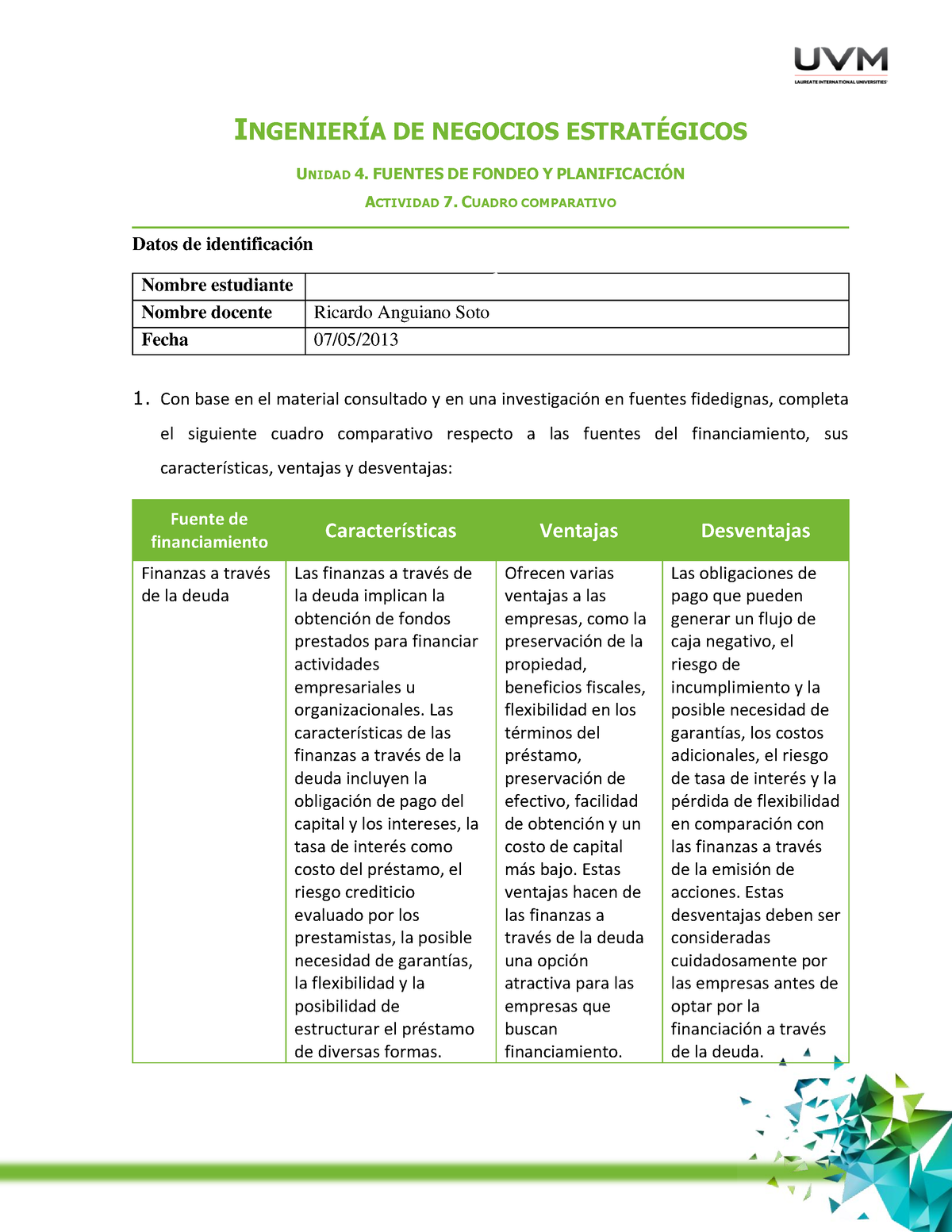 A7 Unidad 4 Actividad 7 IngenierÍa De Negocios EstratÉgicos Unidad 4 Fuentes De Fondeo Y 6372