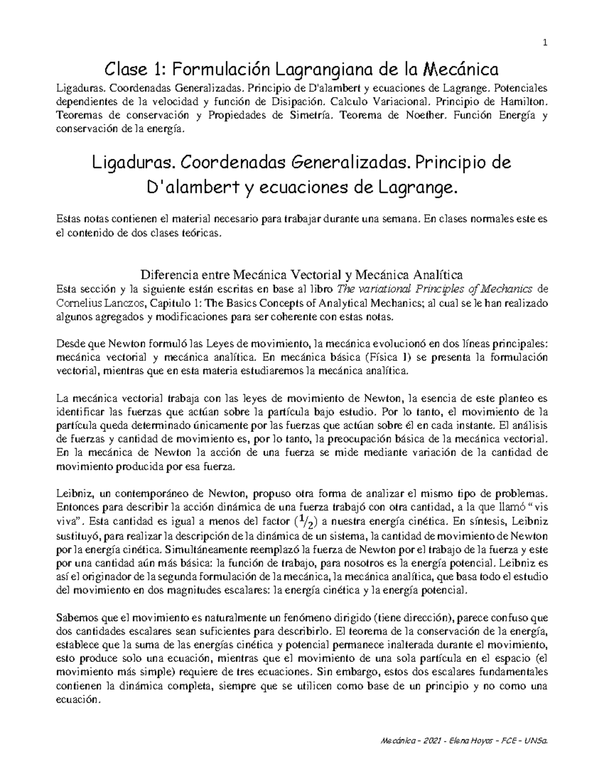 Clase 1Formulacion lagrangiana Clase 1 Formulación Lagrangiana de la