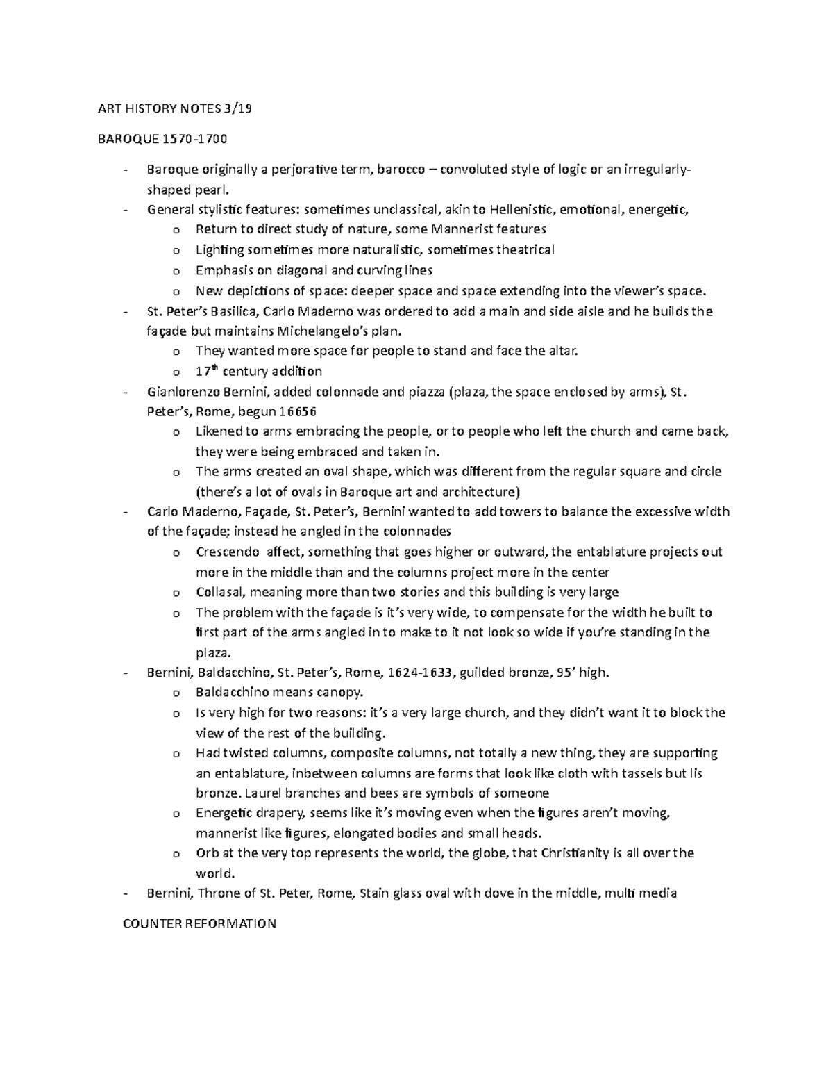 ART History Notes ART HISTORY NOTES 3/ BAROQUE 1570 Baroque