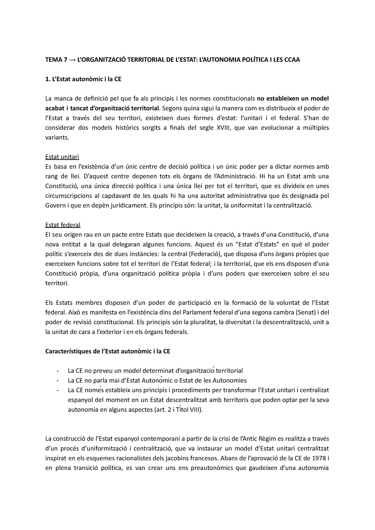 Tema 7 8 9 Tema 7 → L’organitzaciÓ Territorial De L’estat L’autonomia PolÍtica I Les Ccaa