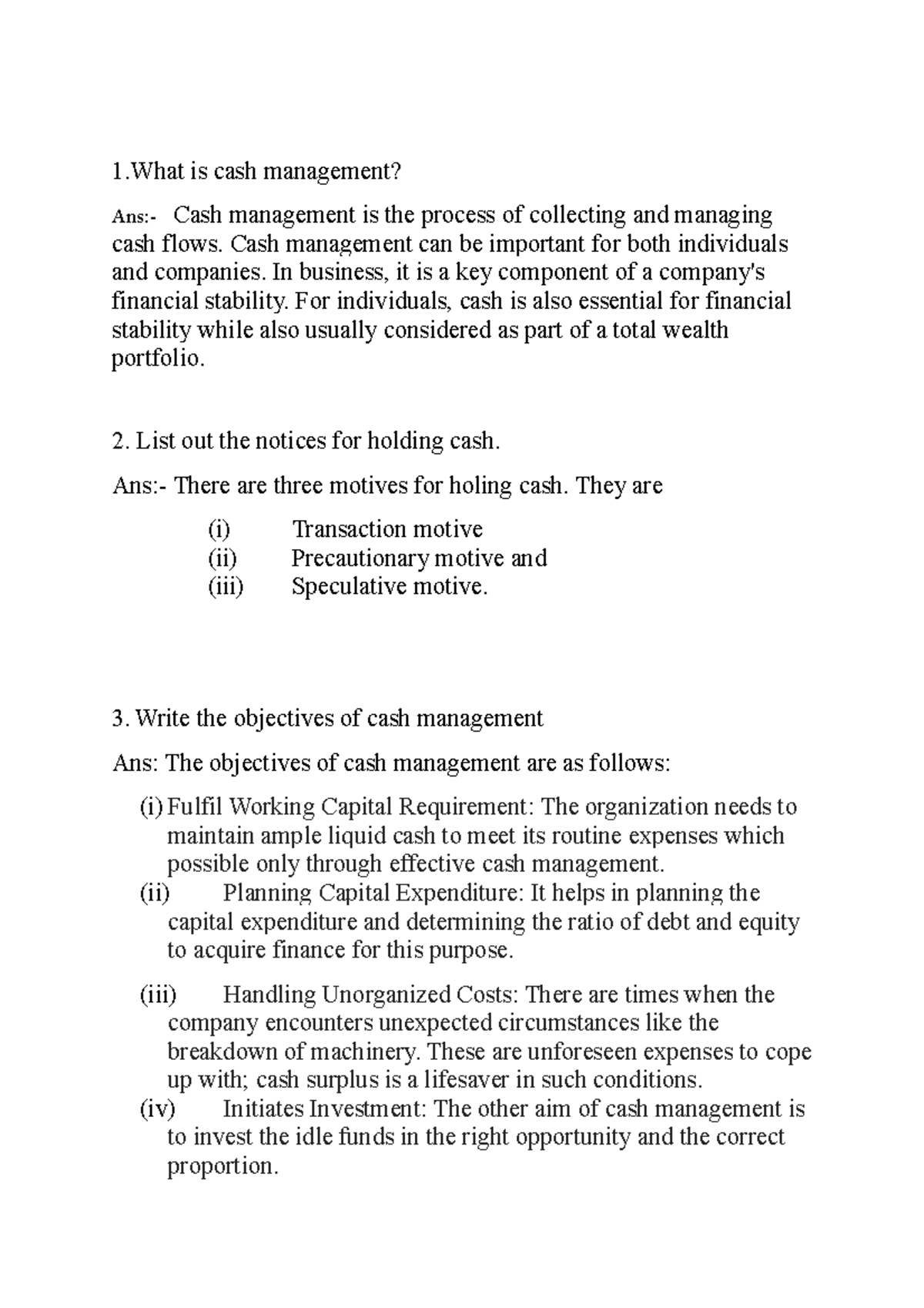 Basics OF Financial Management Assignment - 1 is cash management? Ans ...