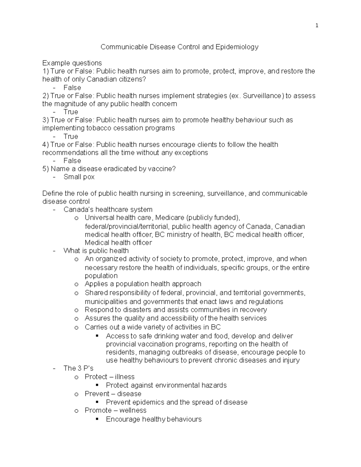 Disease Control and Epidemiology Communicable Disease Control and