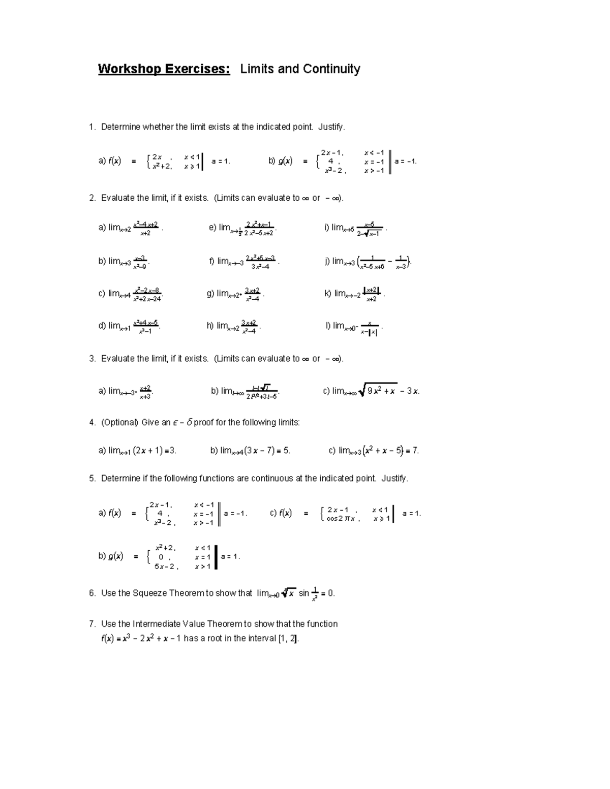Limits And Continuity Exercises - Workshop Exercises: Limits And ...