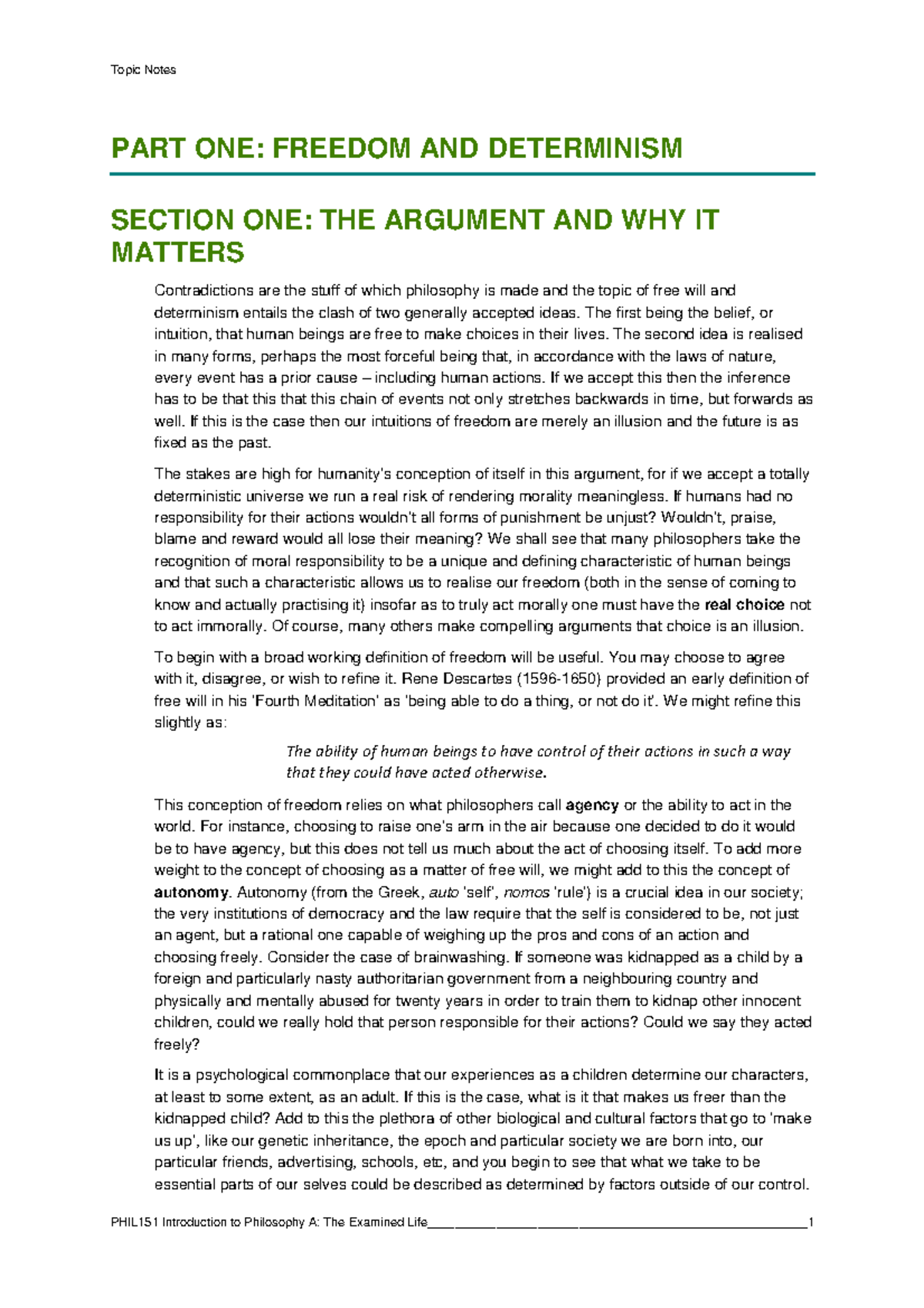PHIL151 Part 1 Section 1 - Topic Notes PART ONE: FREEDOM AND ...
