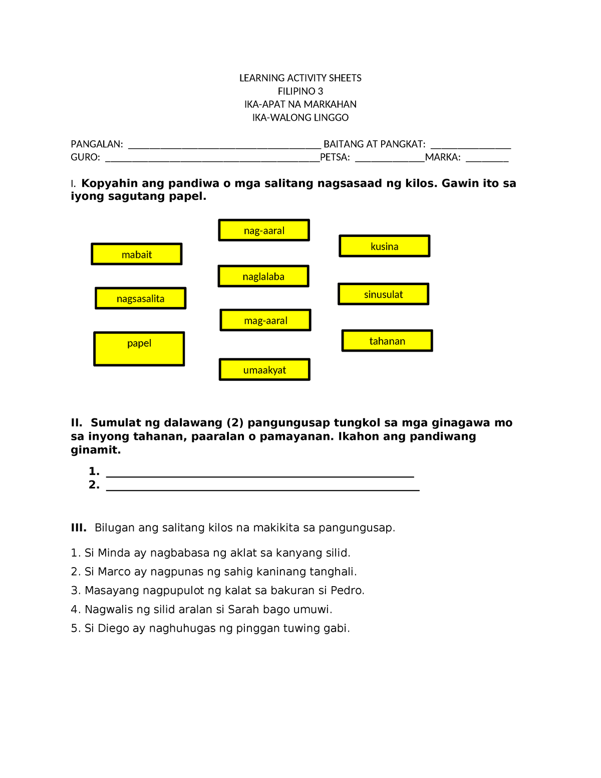 Filipino 3 Quarter 4 Week 4 Learning Activity Sheets - LEARNING ...