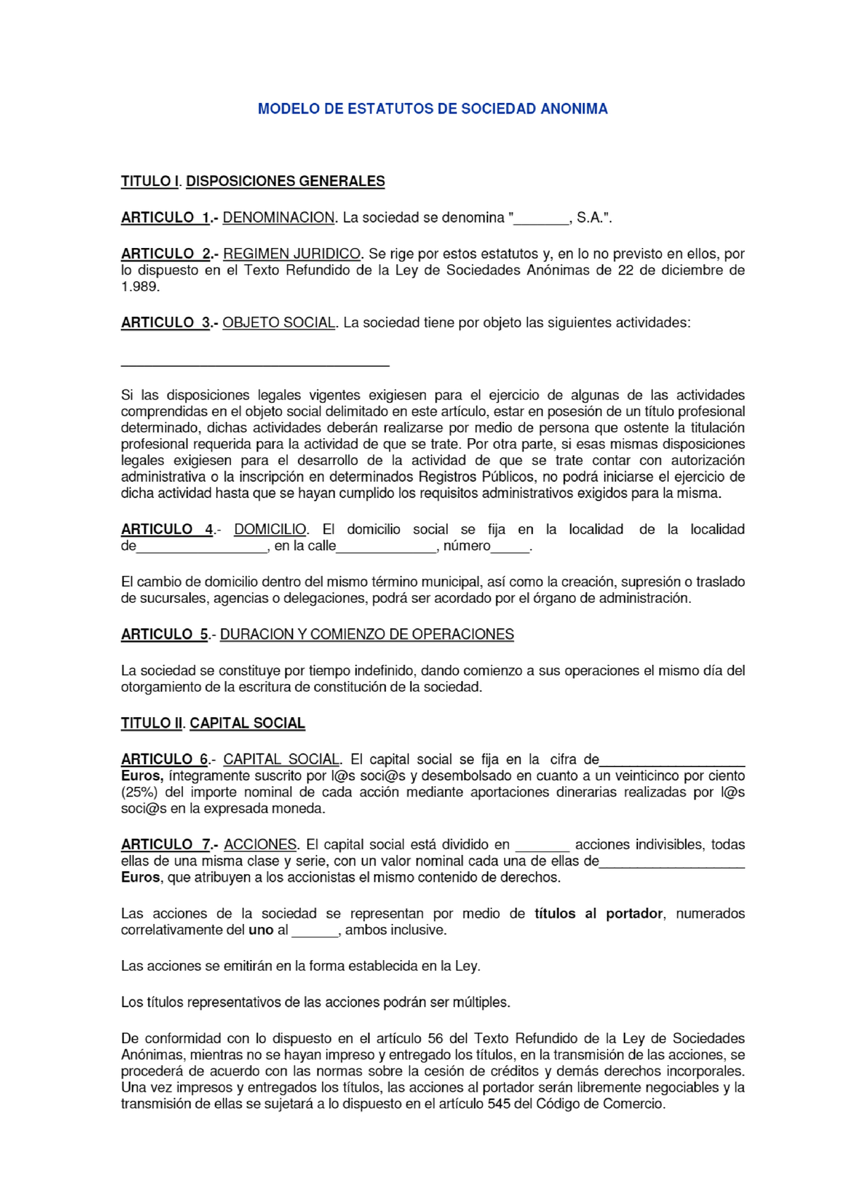 Modelo DE Estatutos DE Sociedad Anonima - PDF Free Download - Estructura  económica societaria - Studocu