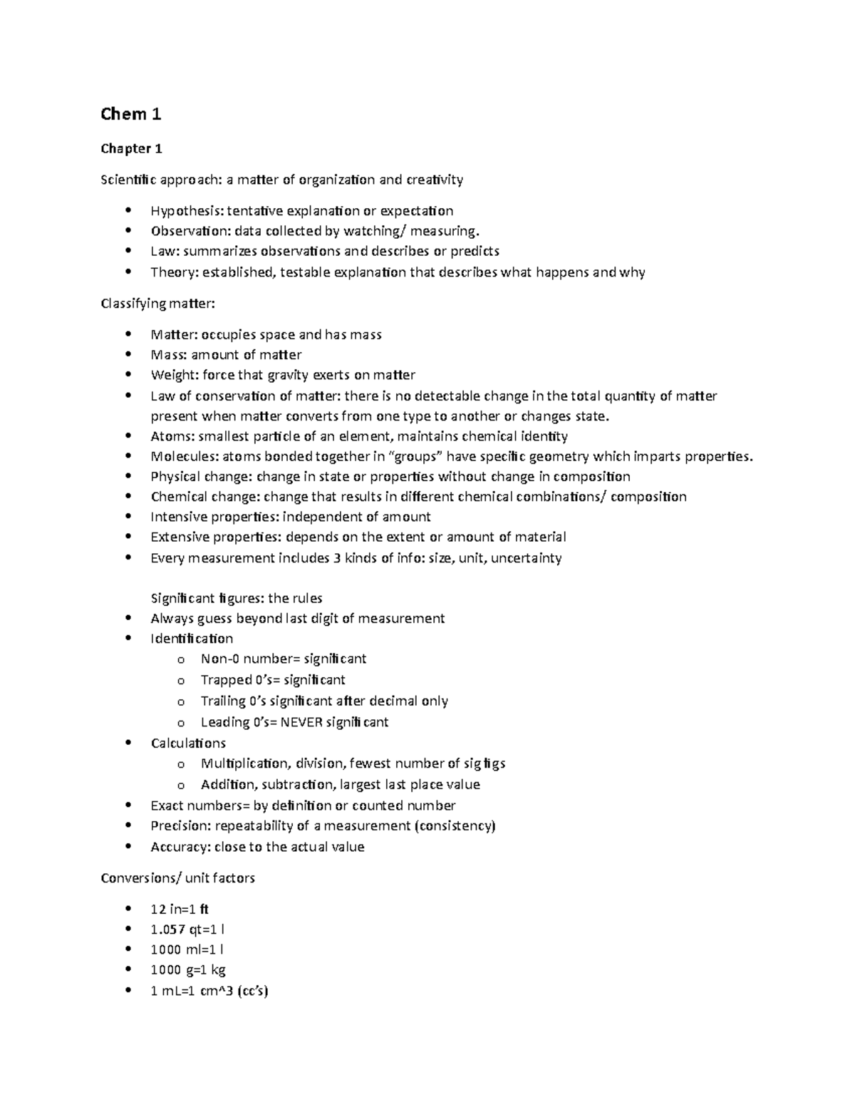 Chemistry Notes 1 - Chem 1 Chapter 1 Scientific approach: a matter of ...