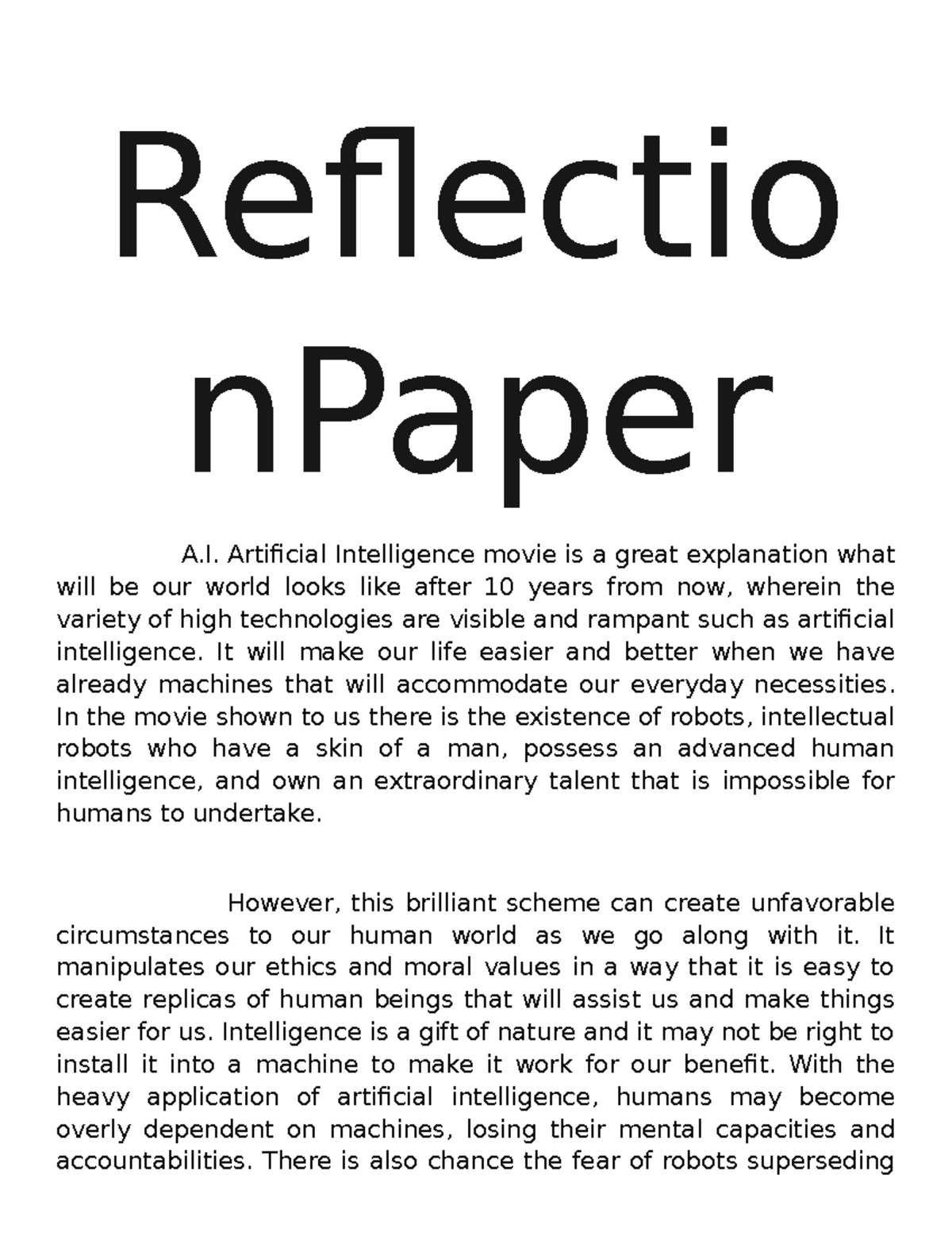 Etech Reflection Paper Reflectio nPaper A. Artificial Intelligence
