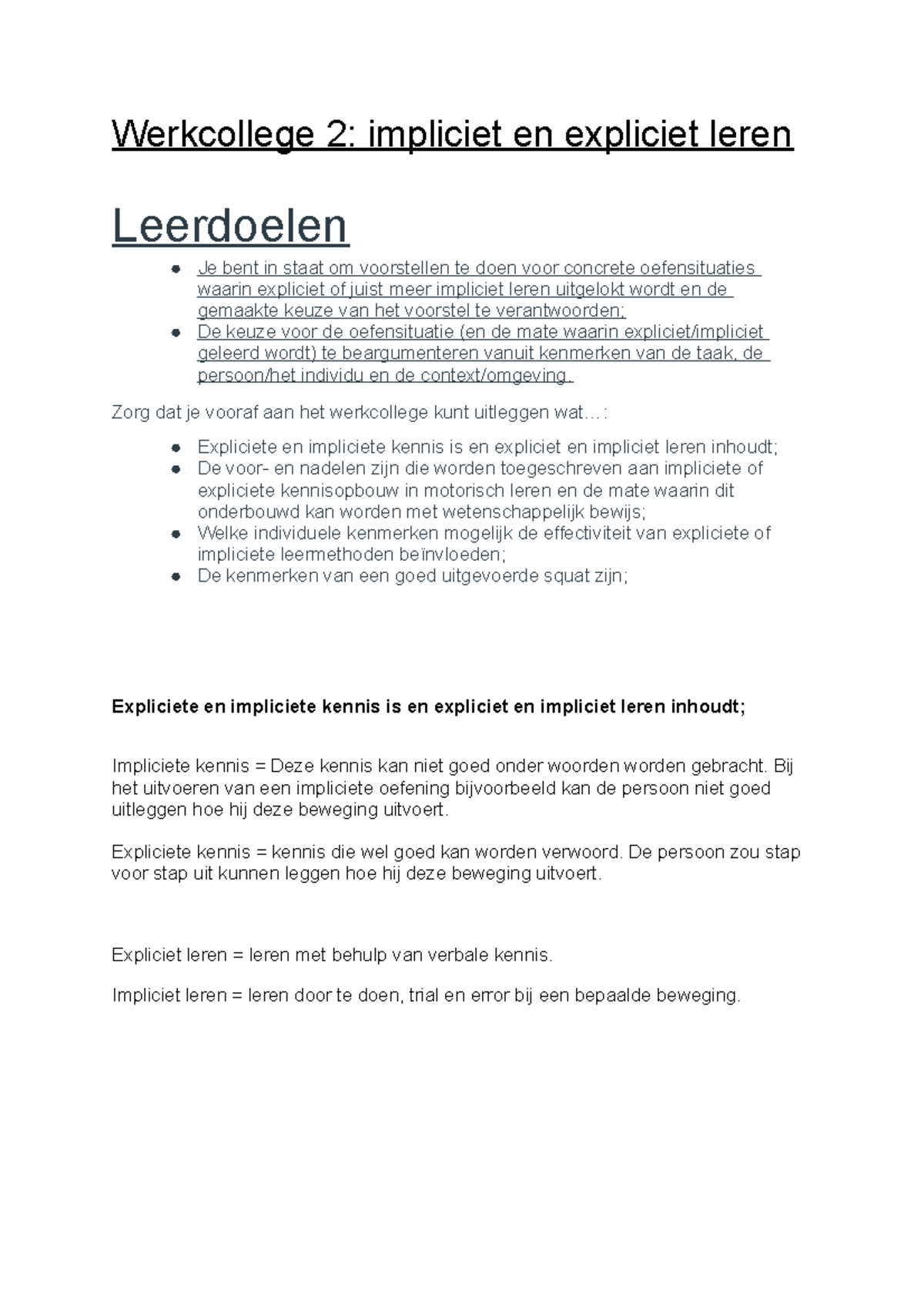 Werkcollege 2 Impliciet En Expliciet Leren - Zorg Dat Je Vooraf Aan Het ...