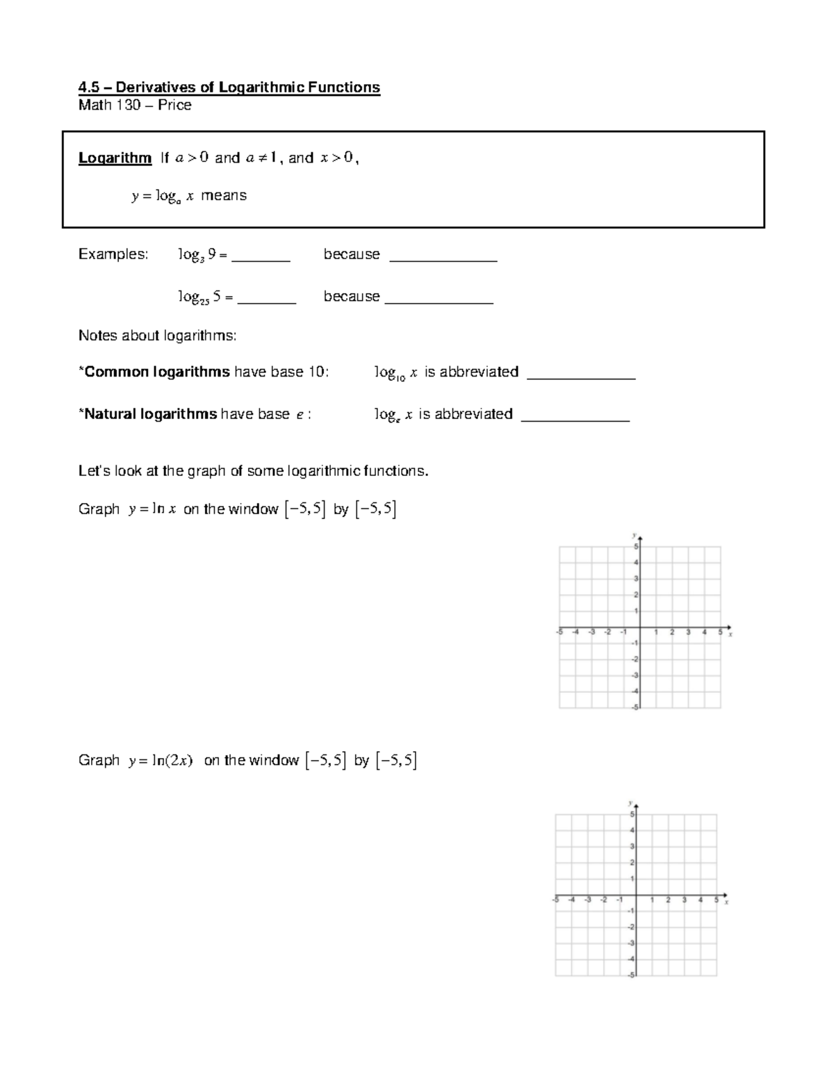 4.5 Derivatives of Logarithmic Functions - 4 – Derivatives of ...