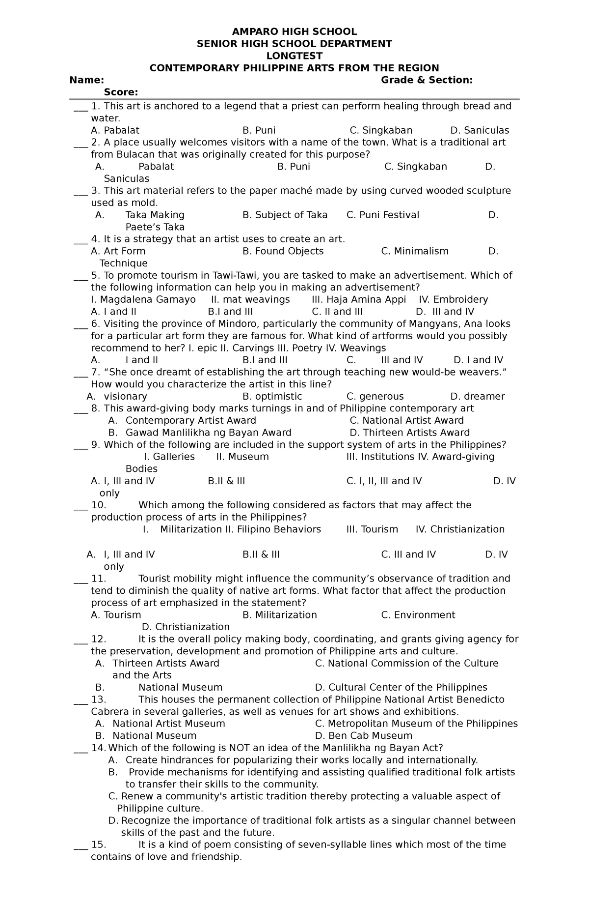 CPAR- Longtest - Long Test in CPAR - AMPARO HIGH SCHOOL SENIOR HIGH ...