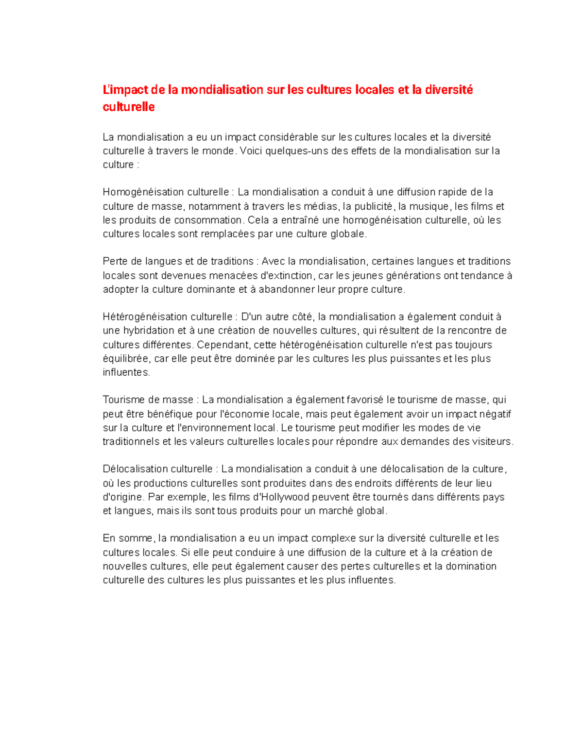 L'impact de la mondialisation sur les cultures locales et la diversité ...