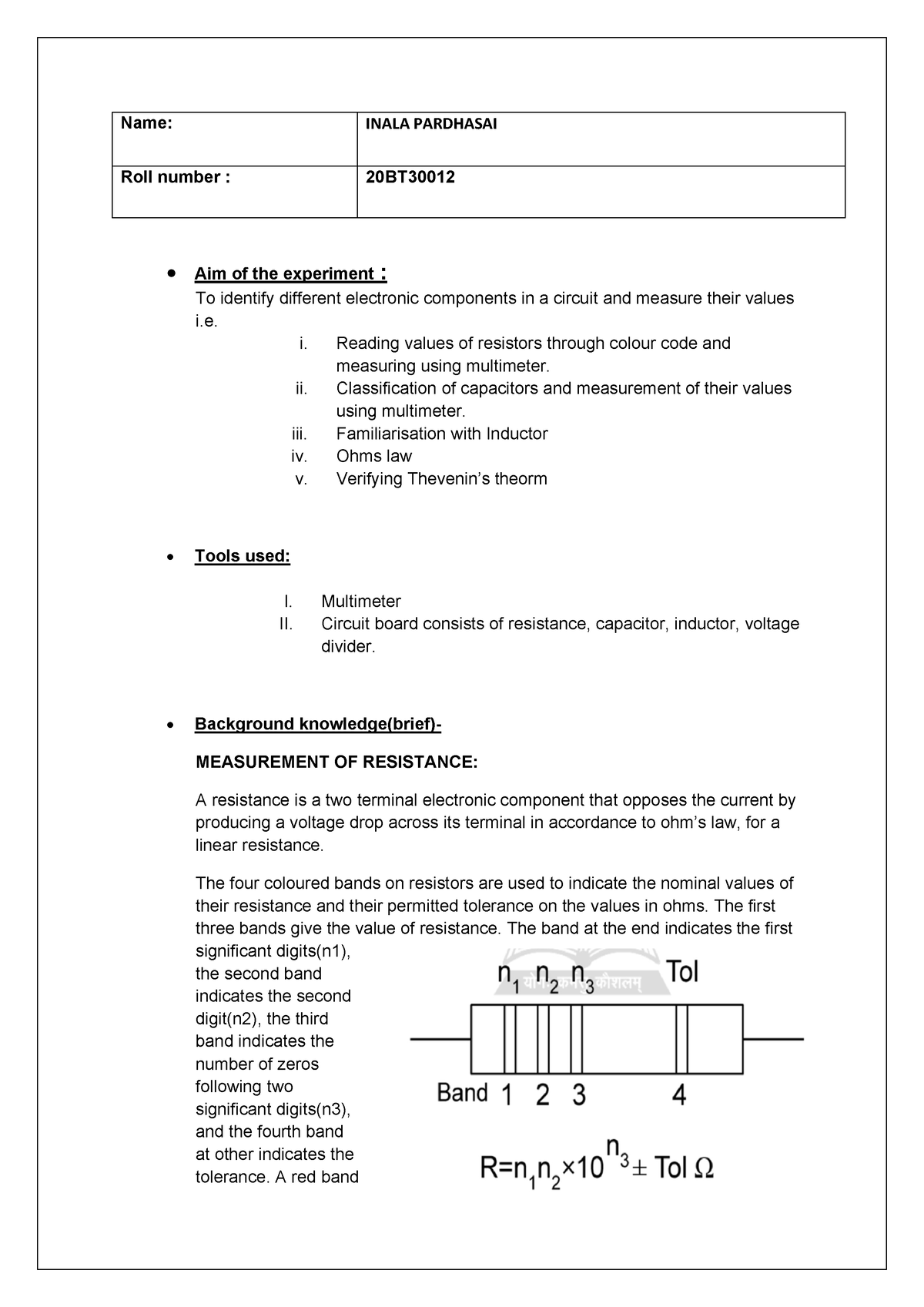 Basic Electronic Lab-EXP-1 - Name: INALA PARDHASAI Roll Number : 20BT ...