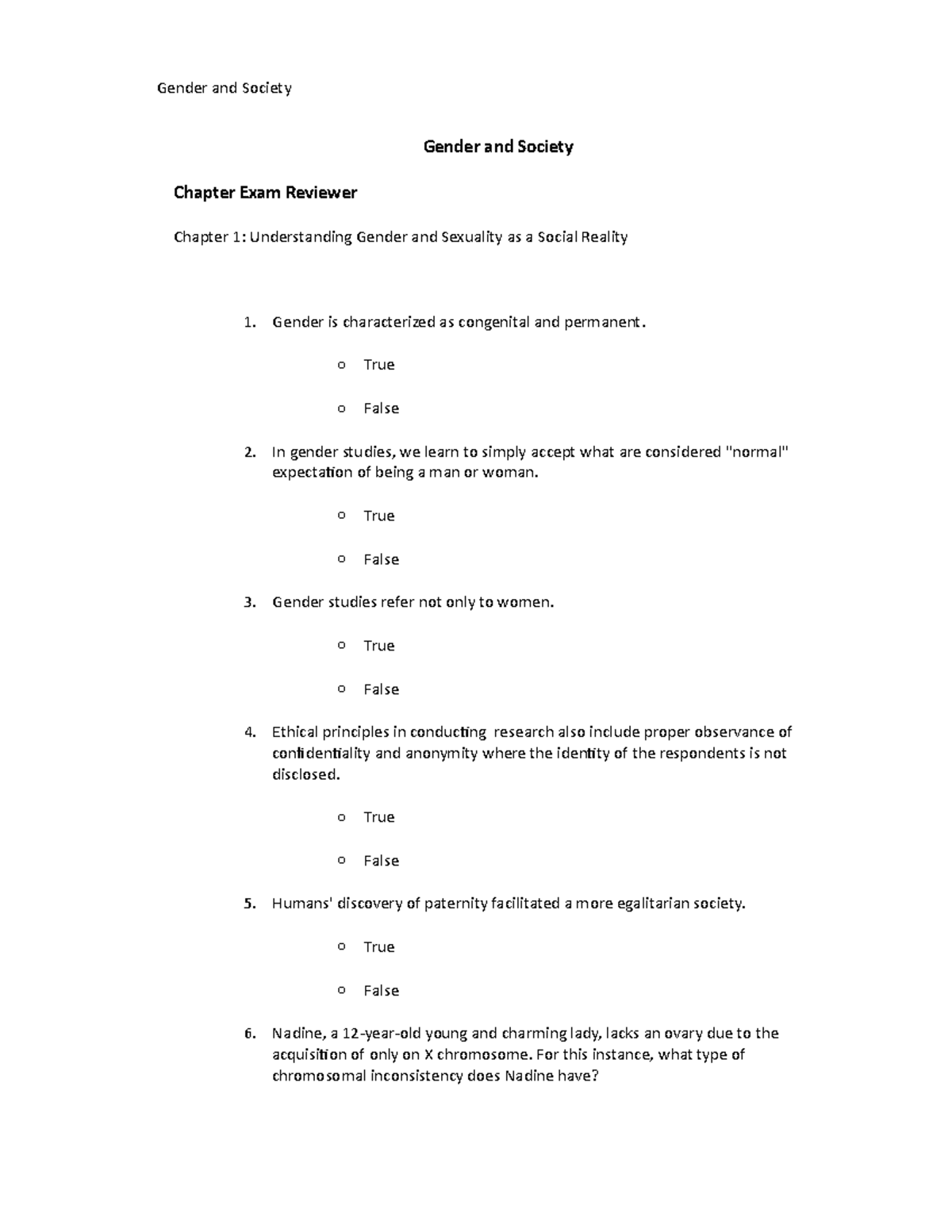 Gender and Society Chapter 1 (chapter exam) - Gender and Society ...