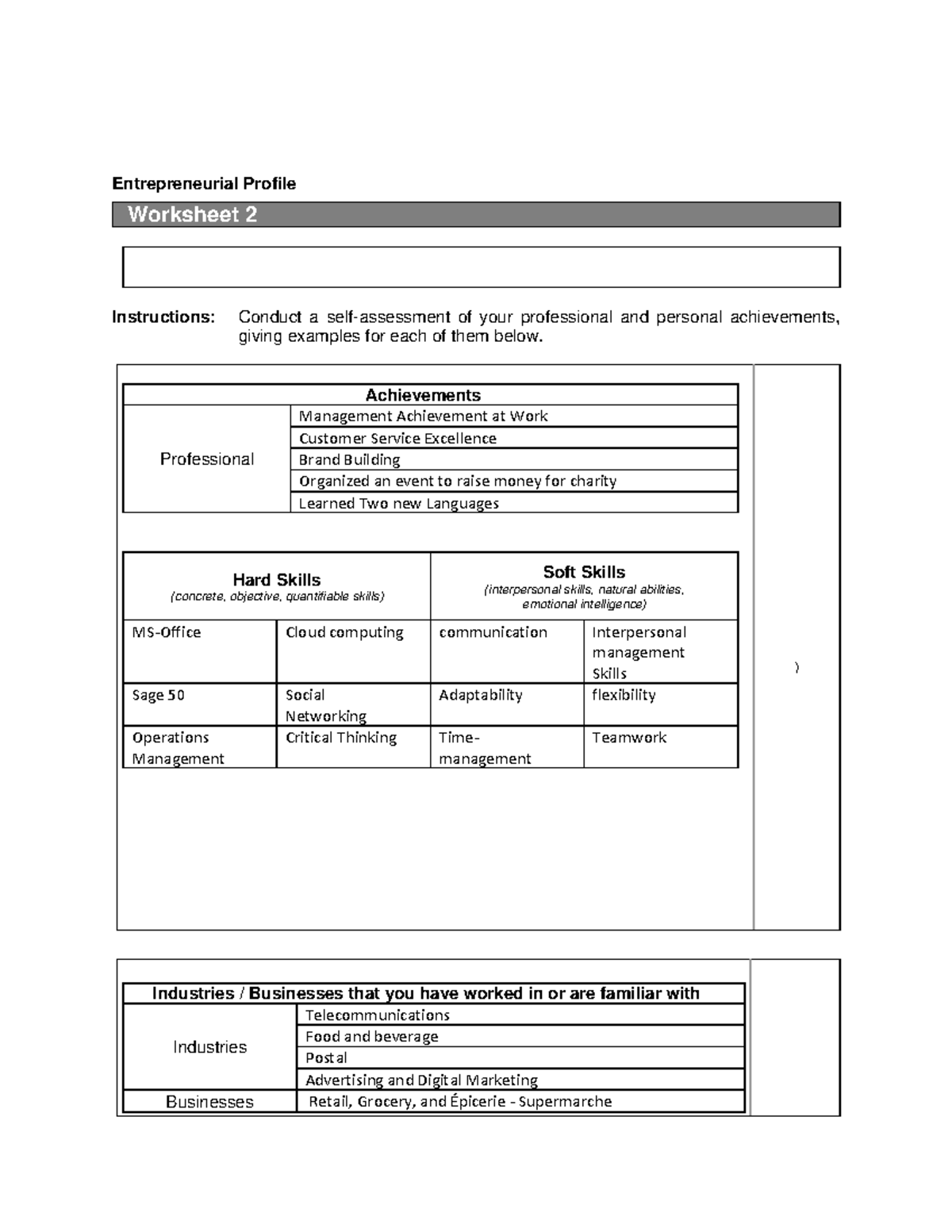 Xyzz entrepreneur - profile ideas - Entrepreneurial Profile Worksheet 2 ...