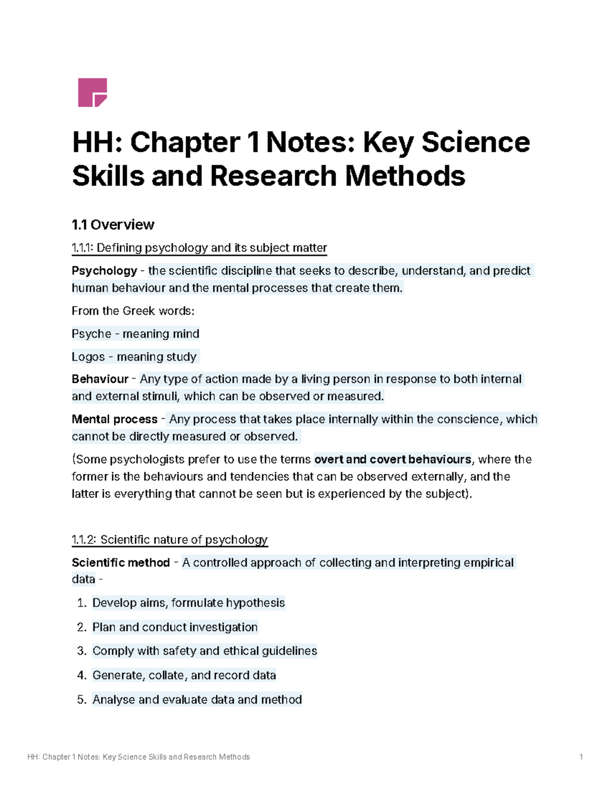 Psychology Units 1-2 Chapter 1 Extended Notes - Key Science Skills and ...