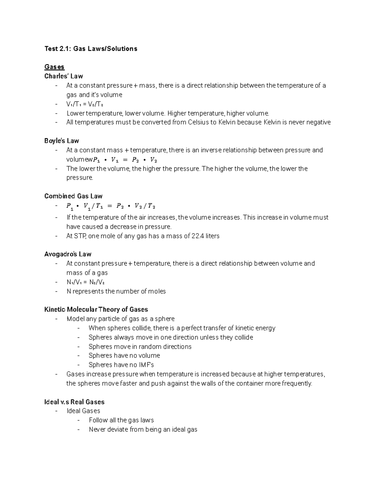 Chem (Gas Laws Solutions) - Test 2: Gas Laws/Solutions Gases Charles ...