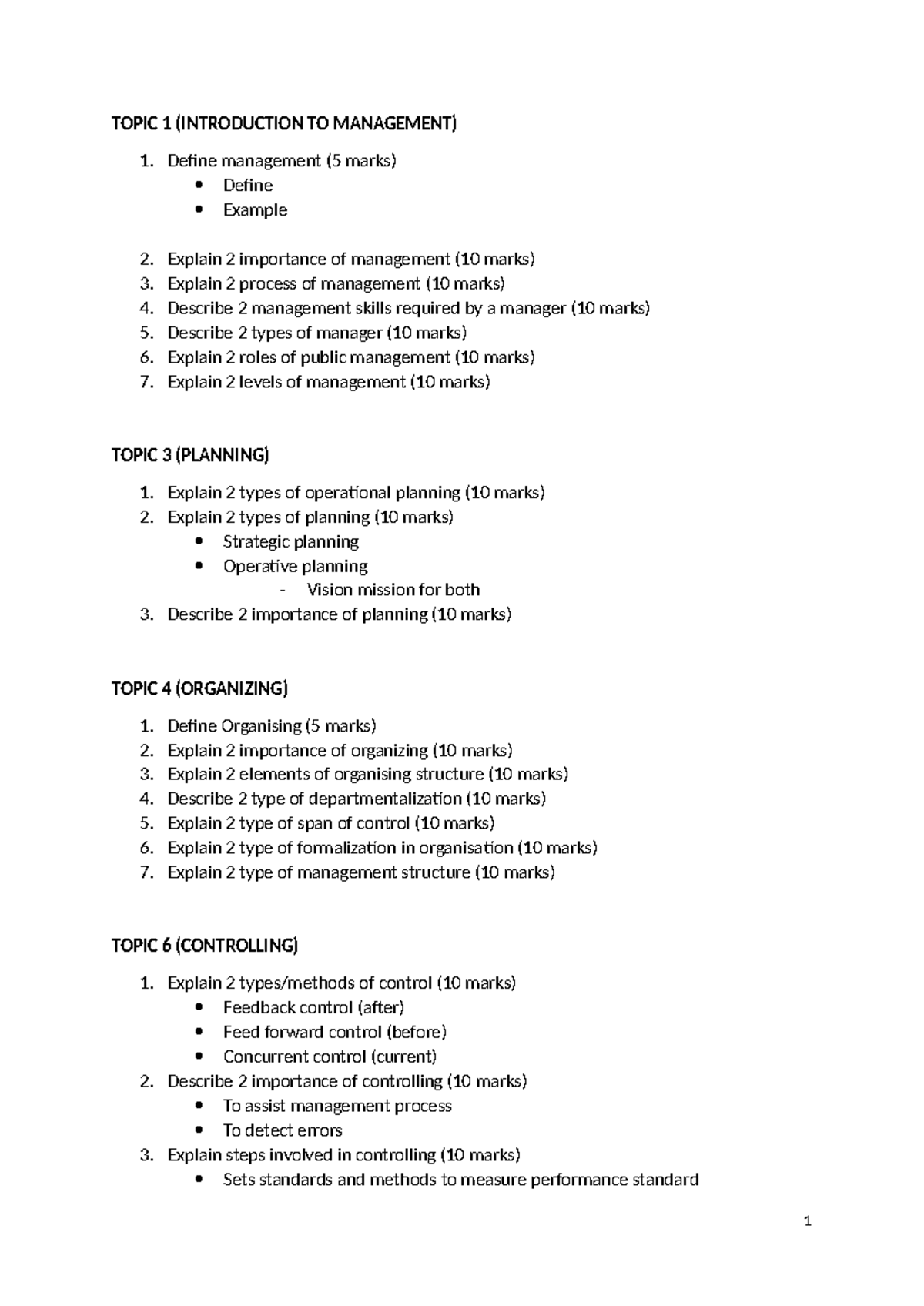 INTRODUCTION TO MANAGEMENT FINAL EXAM QUESTION - TOPIC 1 (INTRODUCTION ...