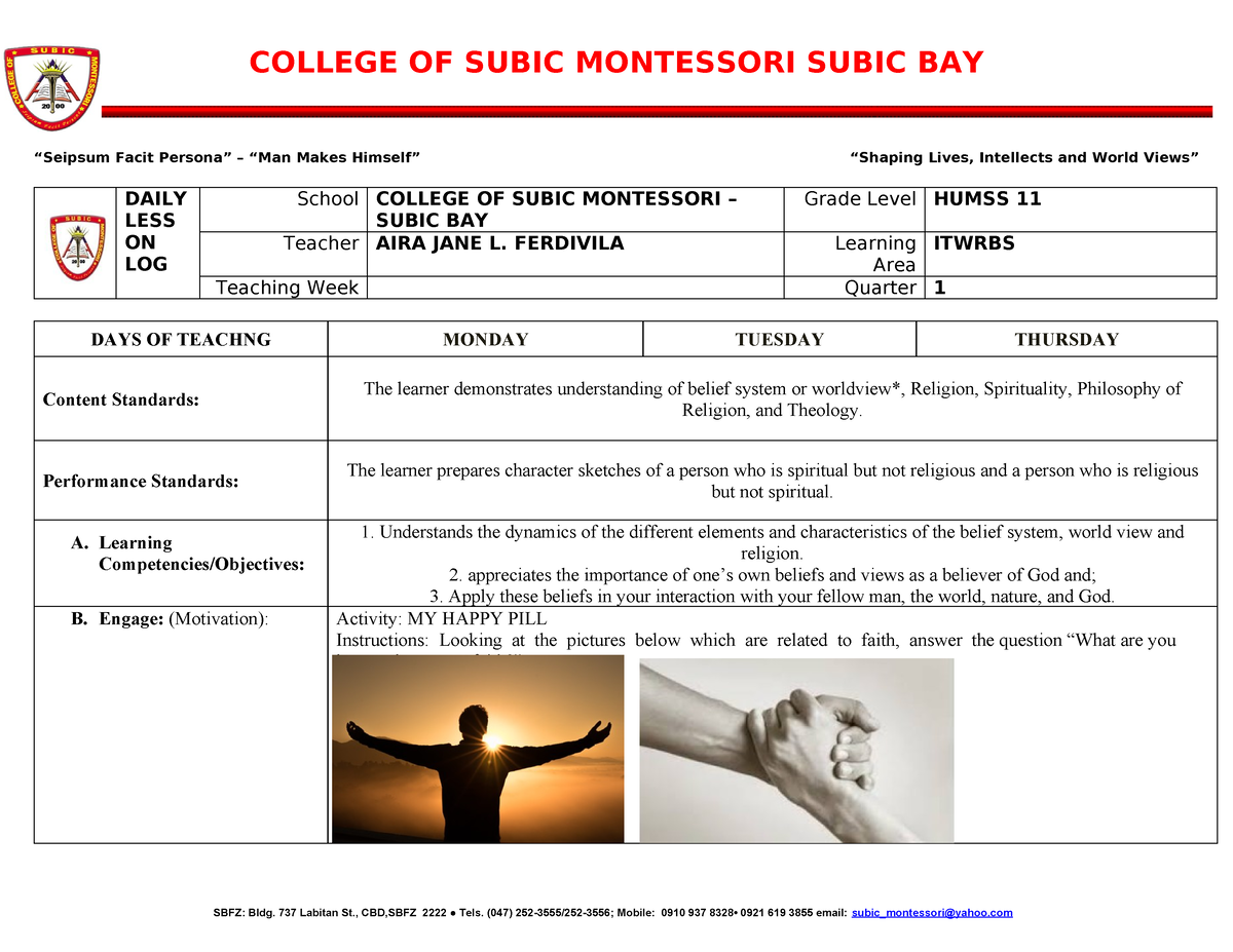 DLL Iwrbs WEEK 1 - Daily Lesson Plan - “Seipsum Facit Persona” – “Man ...