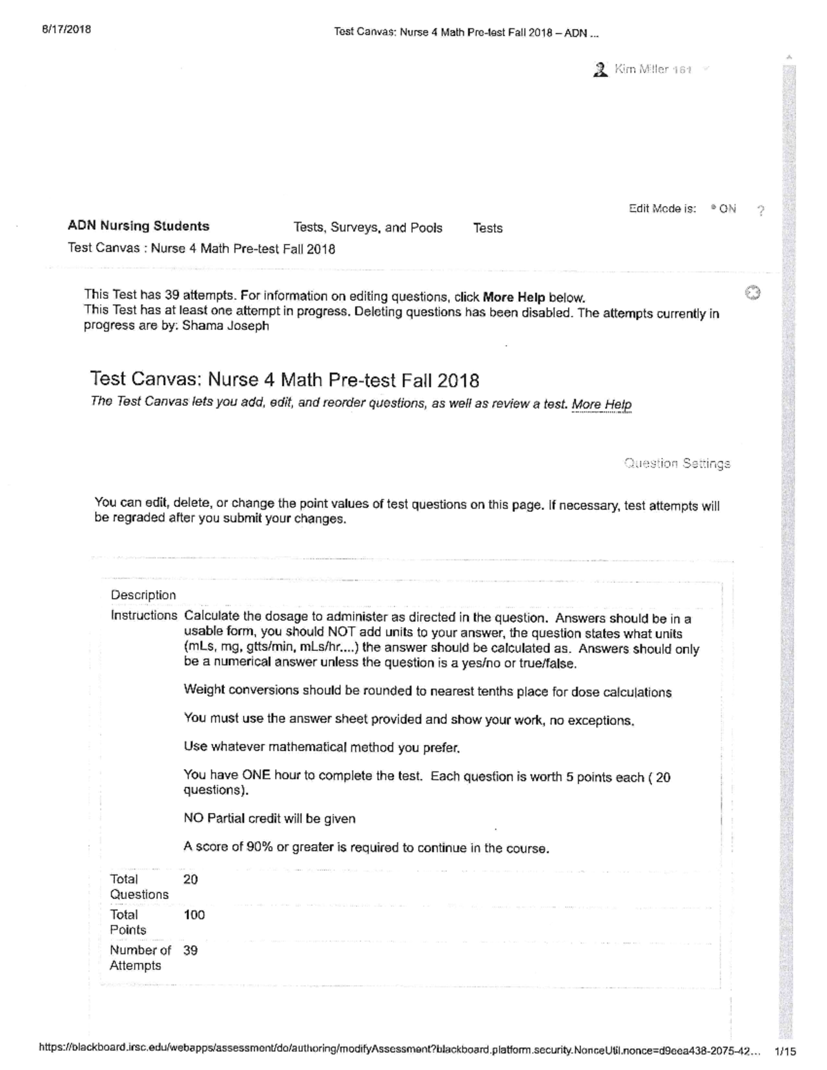 Nurse 4 math pretest with answers - Test Canvas: Nurse 4 Math Fall 2018 ...