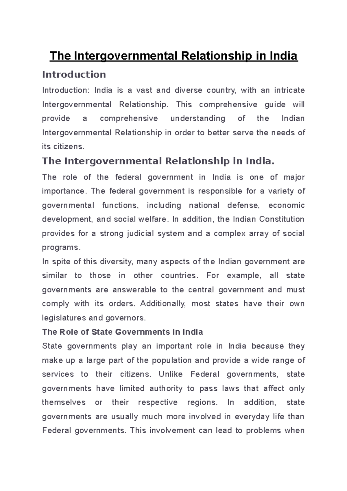 The Intergovernmental Relationship in India - The Intergovernmental ...