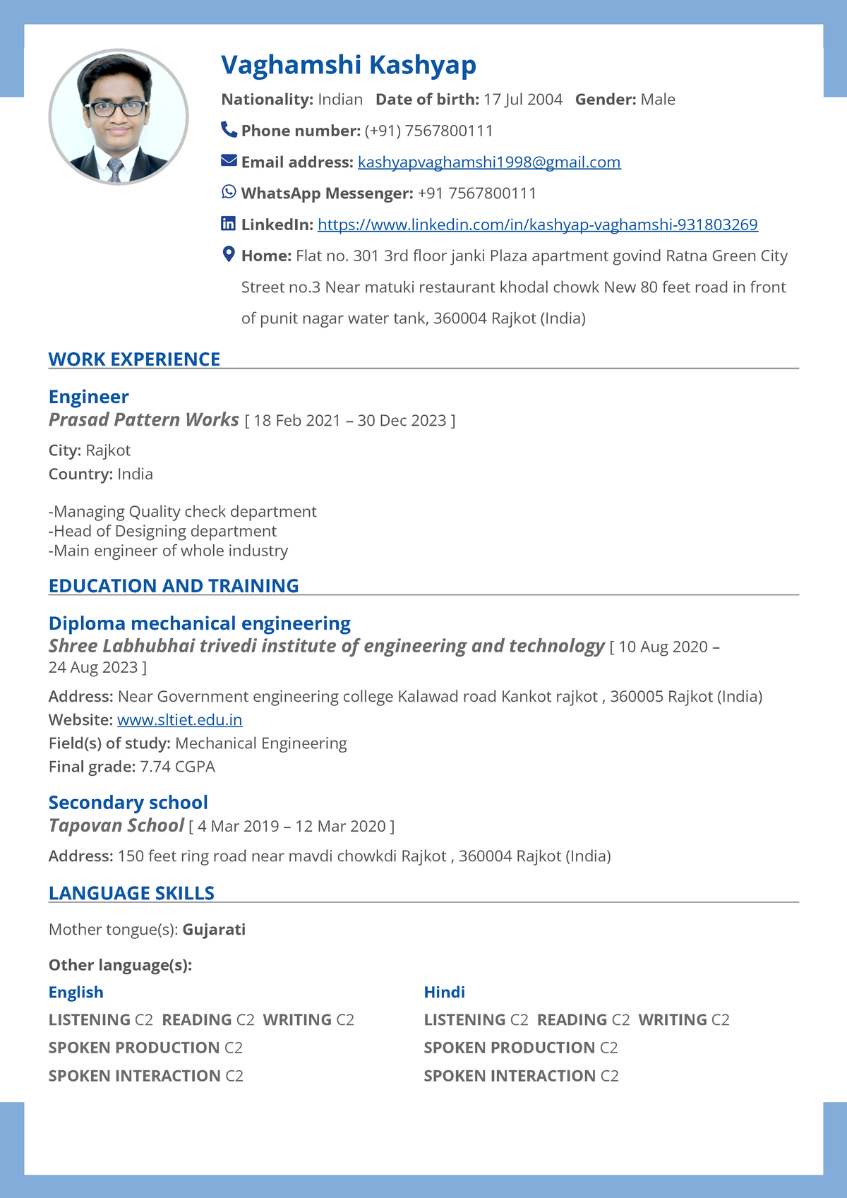 Kashyap CV - Other language(s): English LISTENING C2 READING C2 WRITING ...