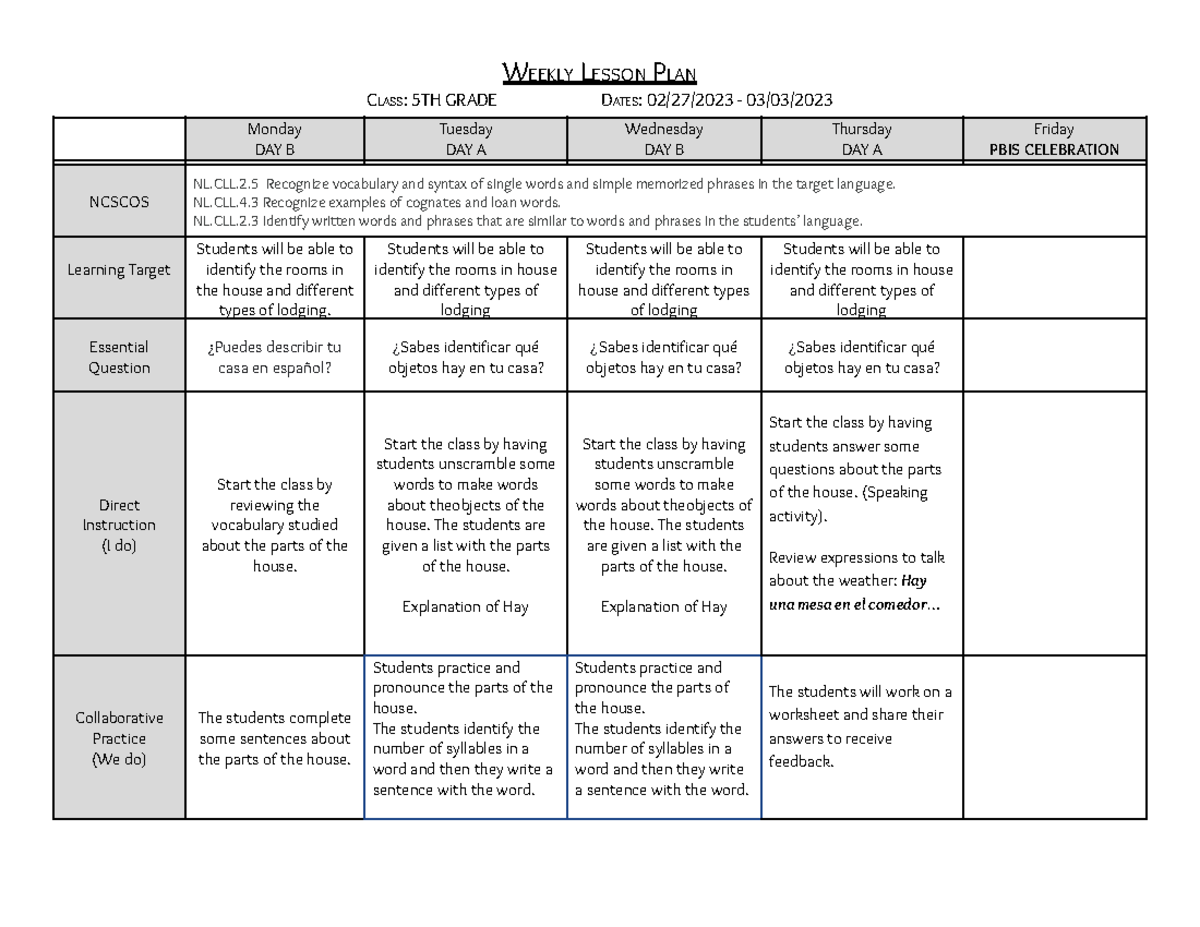 WEEK 9 - Semester 2 - 5TH Grade - WEEKLY LESSON PLAN CLASS: 5TH GRADE ...