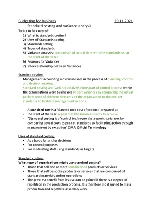 Standard Costing and Variance Analysis Formulas and Examples - Studocu