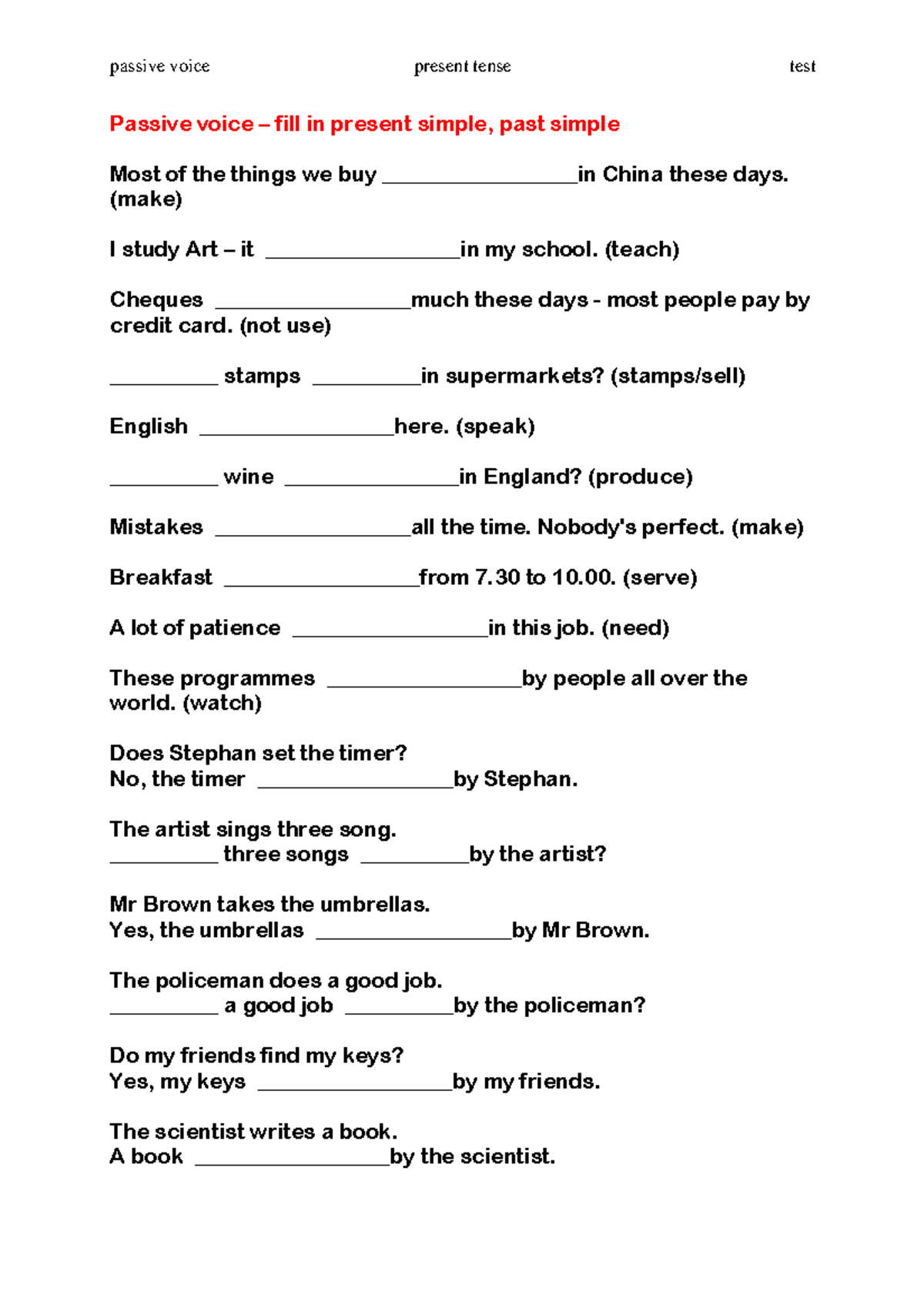 Level 1 test pdf Examen passive voice present tense test Passive