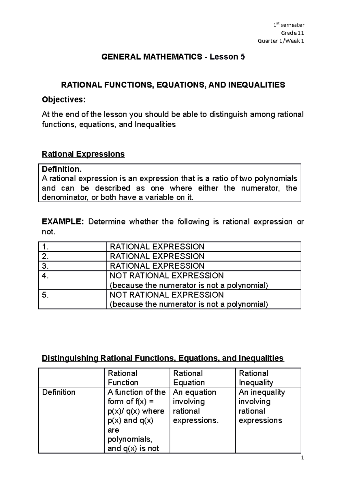 Gen Math Lesson 5 - Rational Functions, Equations, AND Inequalities - 1 ...