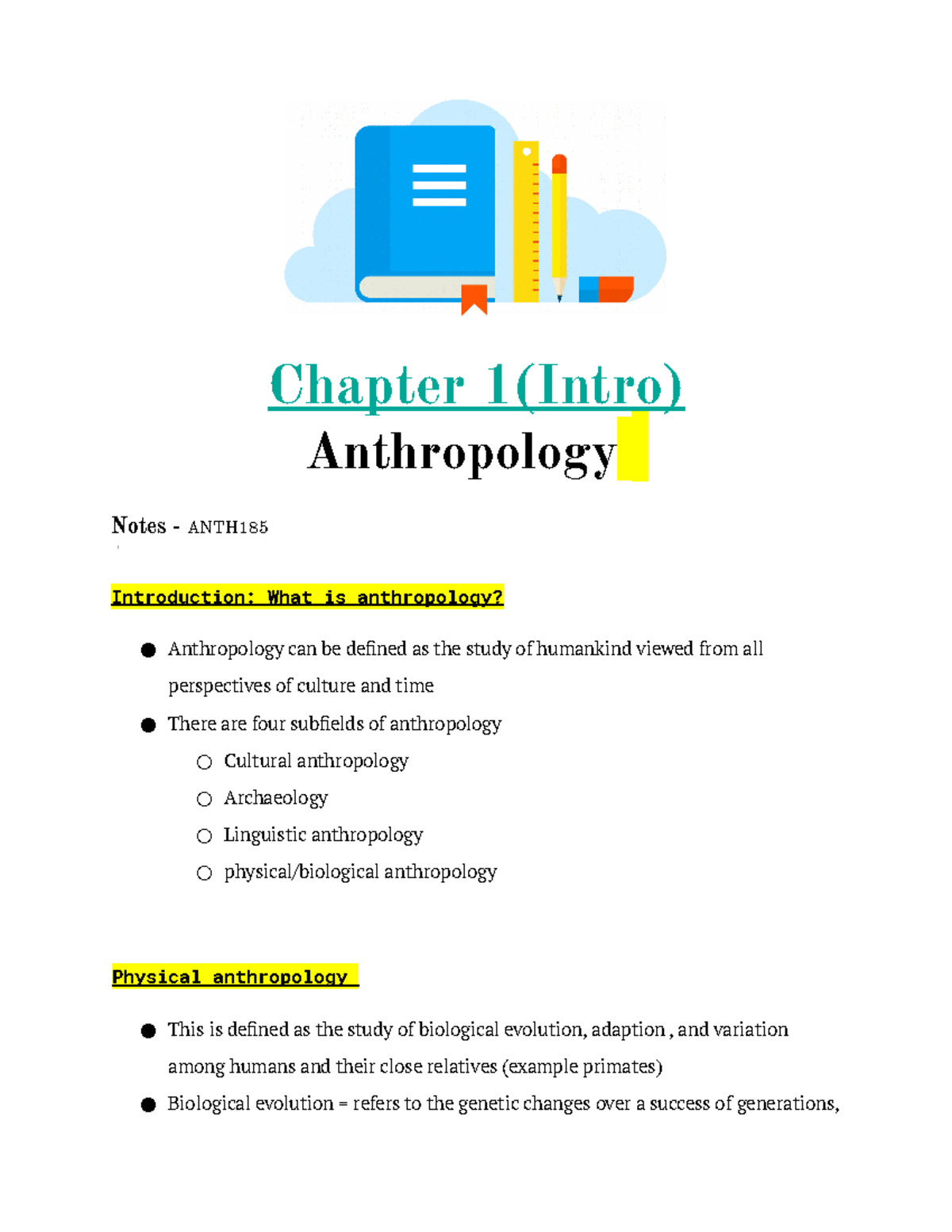ANTH 185 ch 1 - Lecture notes 1 - Chapter 1(Intro) Anthropology Notes ...
