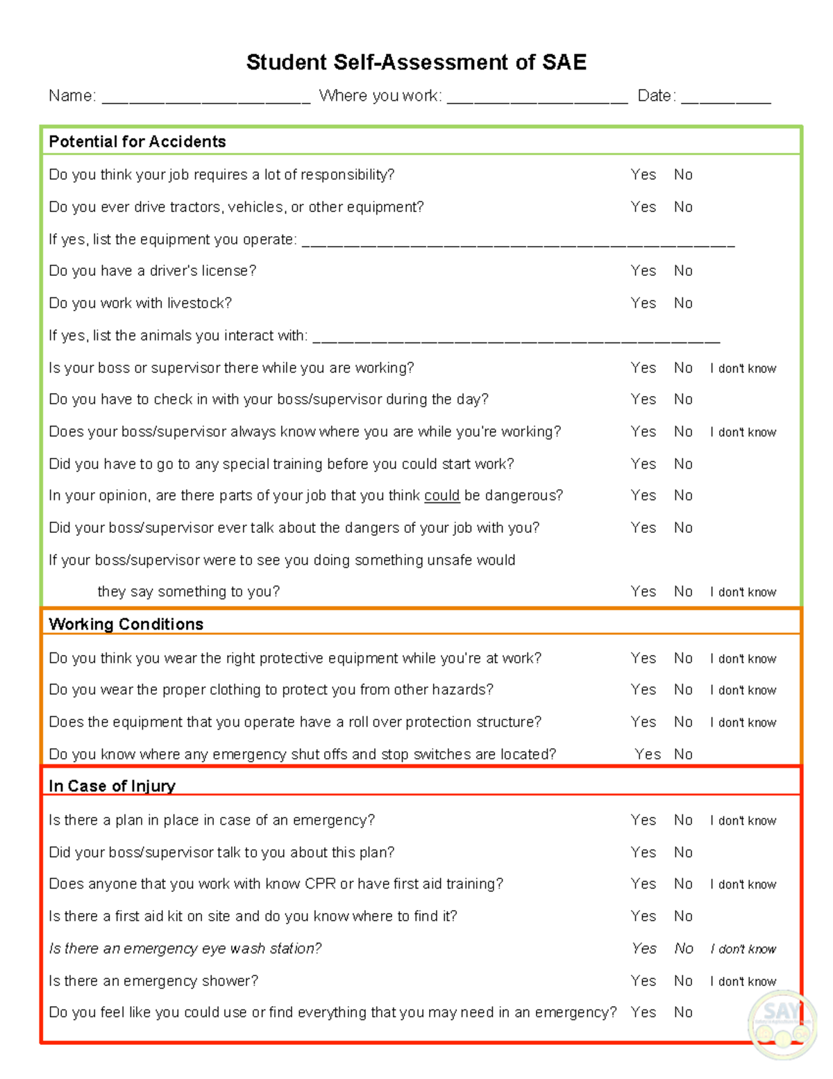 Student-Self-Evaluation - Student Self-Assessment of SAE Name ...