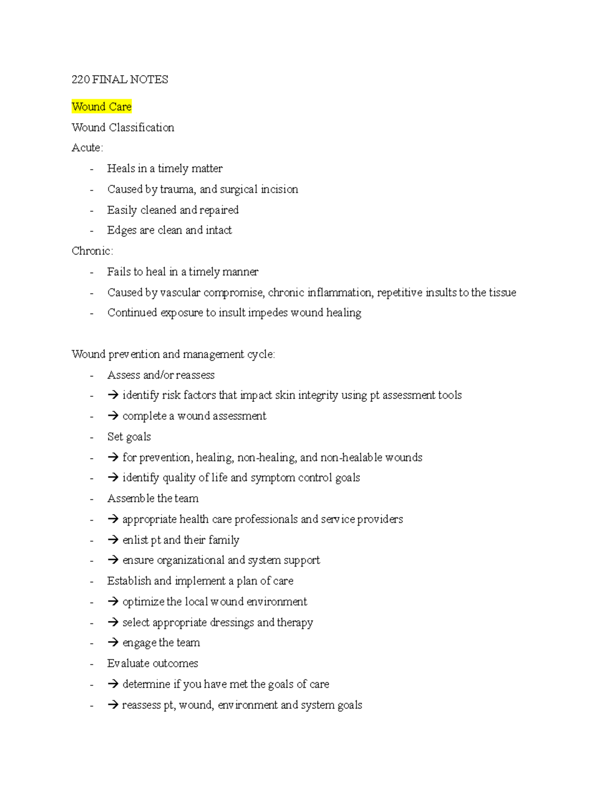 220 Final Notes - 220 FINAL NOTES Wound Care Wound Classification Acute ...