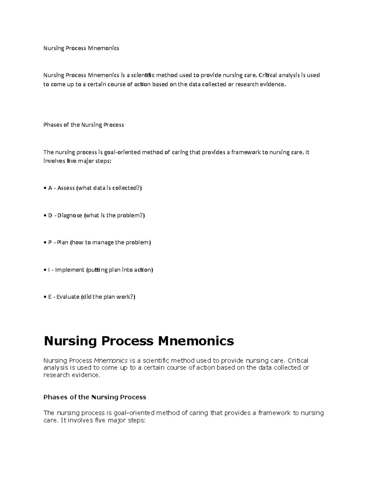 Nursing Process Mnemonics - Nursing Process Mnemonics Nursing Process ...