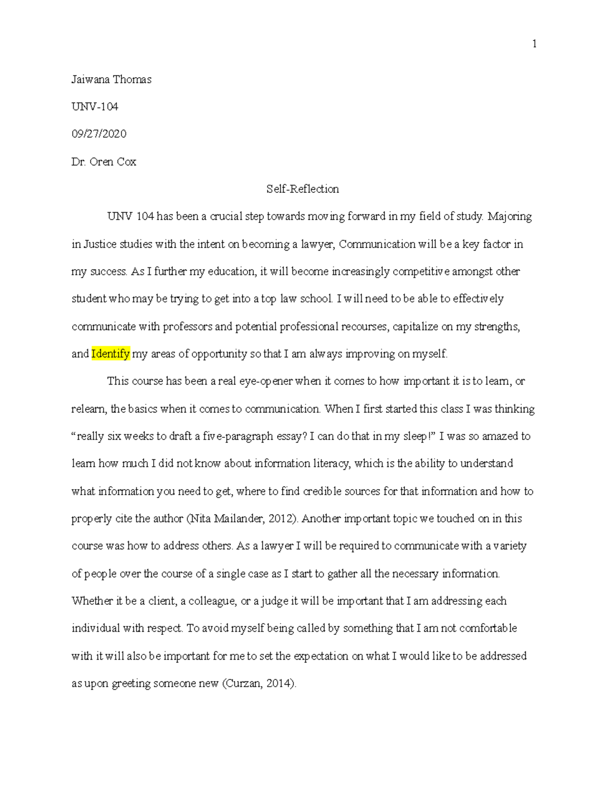 self reflection essay examples gcu unv 104